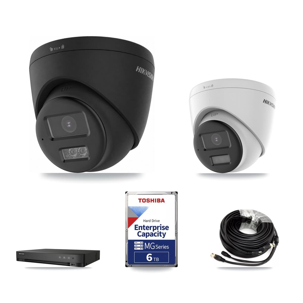 Hikvision 4-Channel 5MP – 4K CCTV Kit — 1 DS-2CE78K0T-LPTS 5MP + 2 Black DS-2CE78U0T-LTS-BLACK 4K Turret Cameras + 6TB Recording (IDS-7204HUHI-M1/XT Recorder) - Image 1
