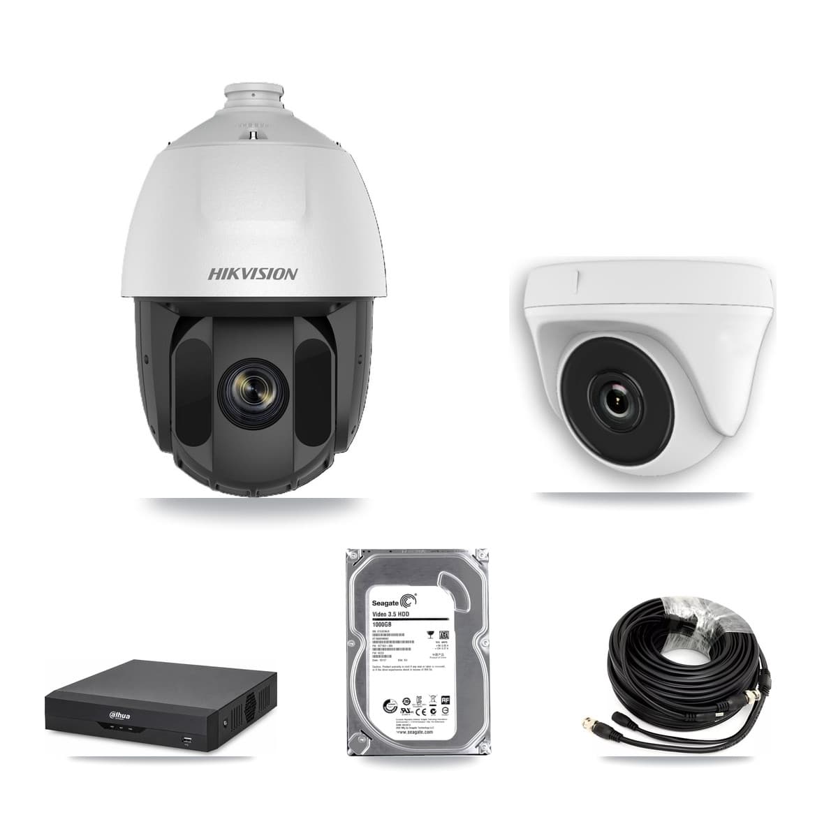Hikvision & Dahua 4-Channel 2MP CCTV Kit — 1 DS-2AE5225TI PTZ + 1 White HDT-2MP-N20W Dome Cameras + 1TB Recording - Image 1