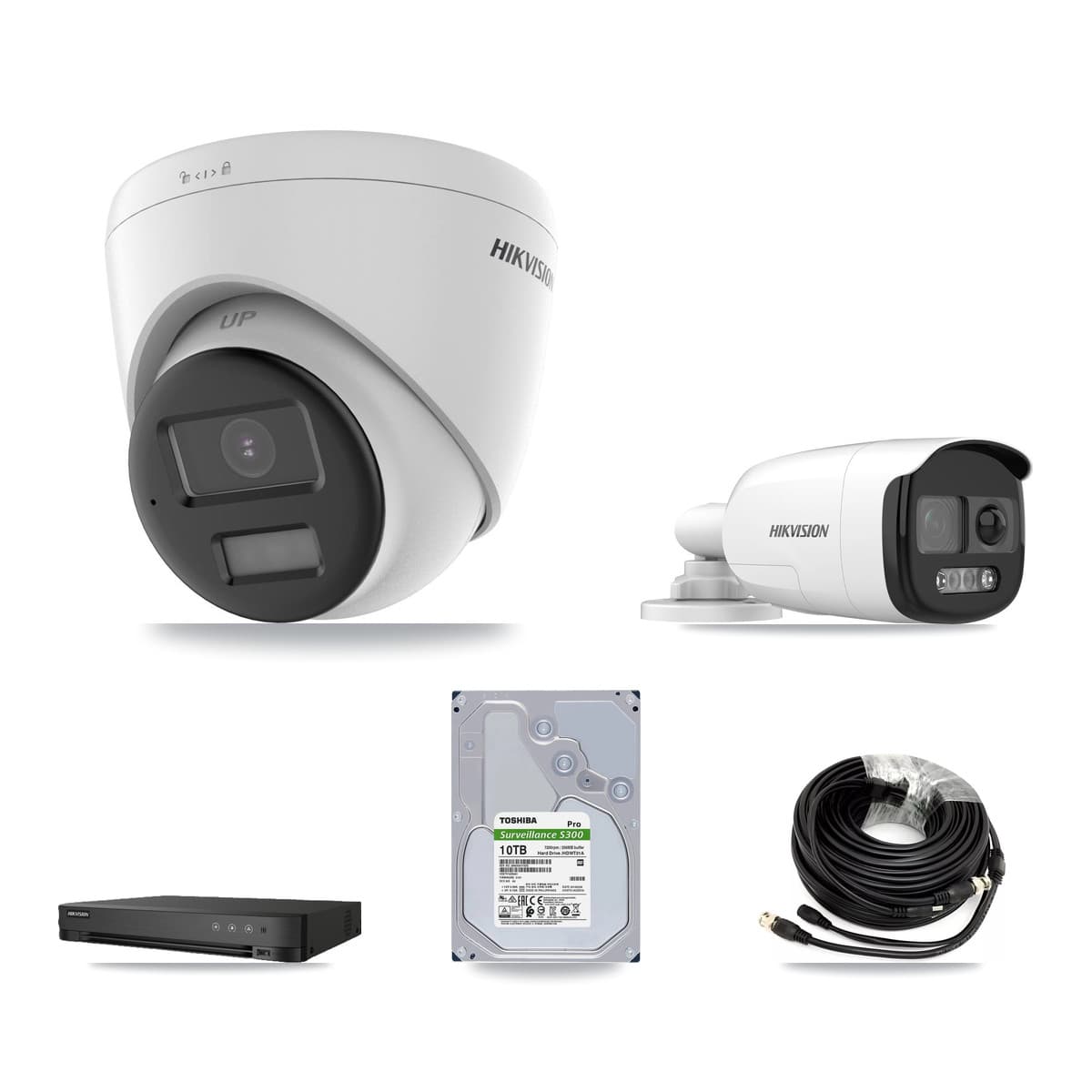 Hikvision 8-Channel 5MP CCTV Kit — 1 DS-2CE12KF3T-PIRXO Bullet + 3 DS-2CE78K0T-LPTS Turret Cameras + 10TB Recording (IDS-7208HQHI-M1/XT Recorder) - Image 1