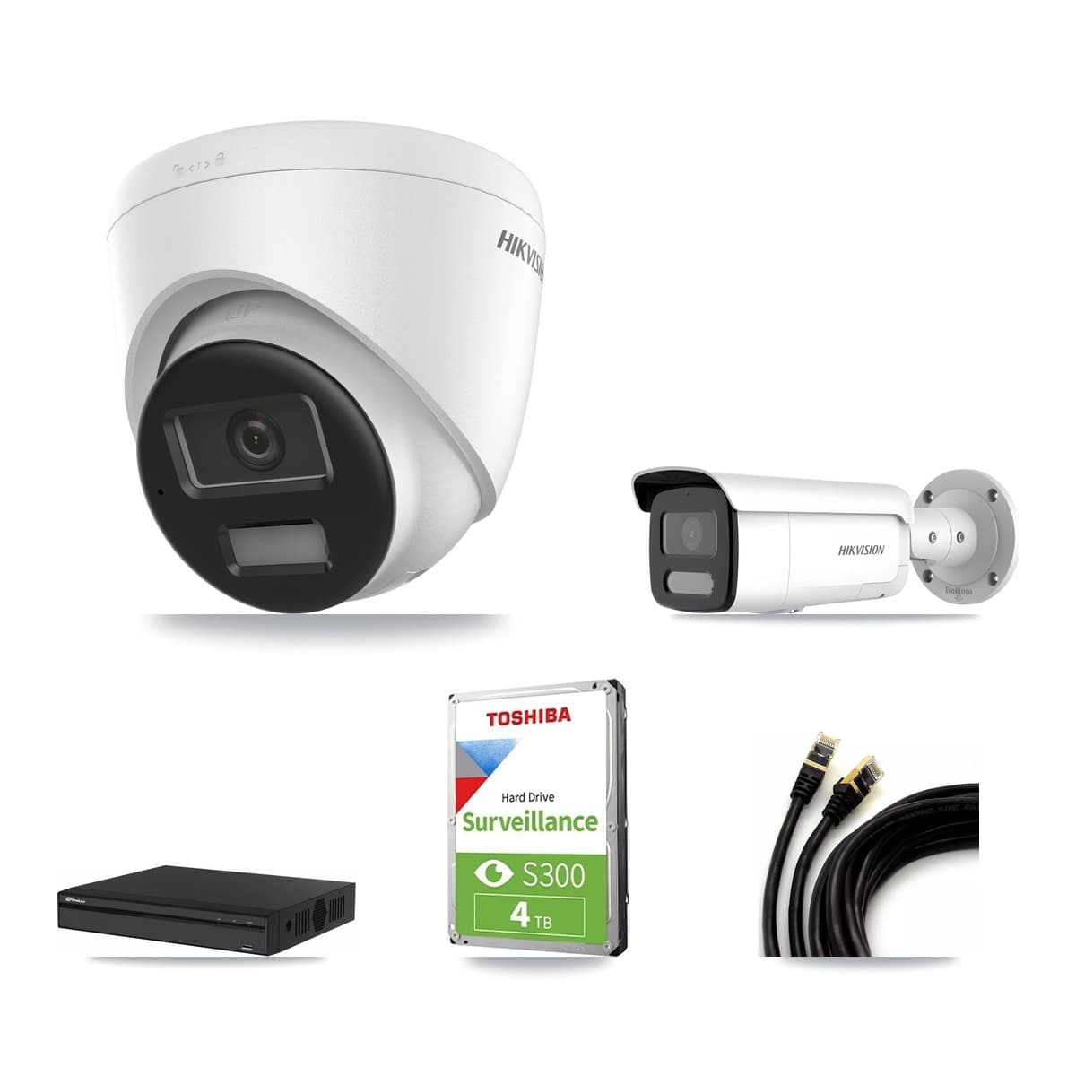 Hikvision & Prolux 4-Channel 4MP – 4K CCTV Kit — 1 DS-2CD1383G2-LIU 4K Turret + 1 DS-2CD2T47G2H-LISU/SL 4MP Bullet Cameras + 4TB Recording (PXN-2104HS-4P-4K Recorder) - Image 1