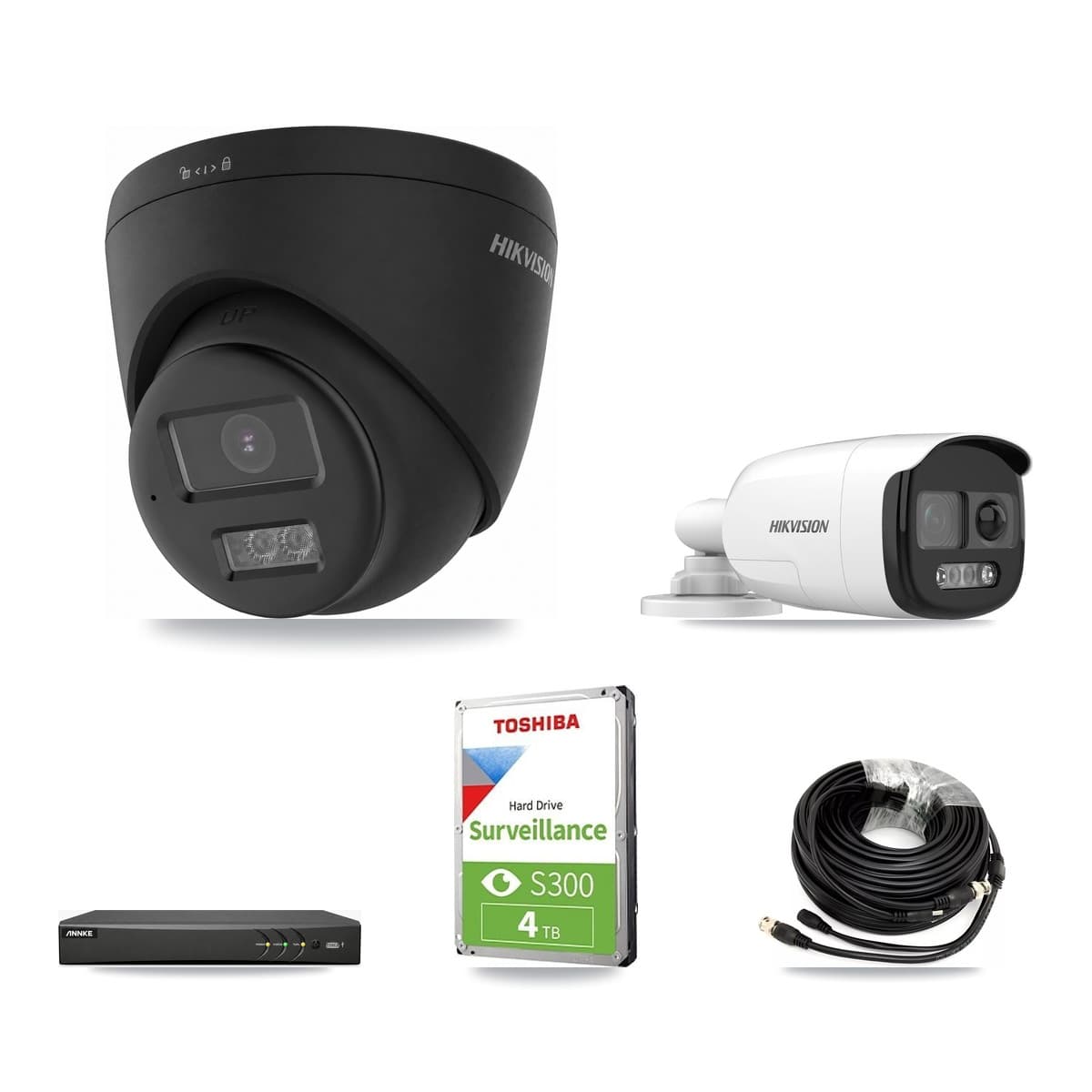 Hikvision & ANNKE 4-Channel 5MP – 4K CCTV Kit — 1 5MP Bullet + 3 Black 4K Turret Cameras + 4TB Recording - Image 1