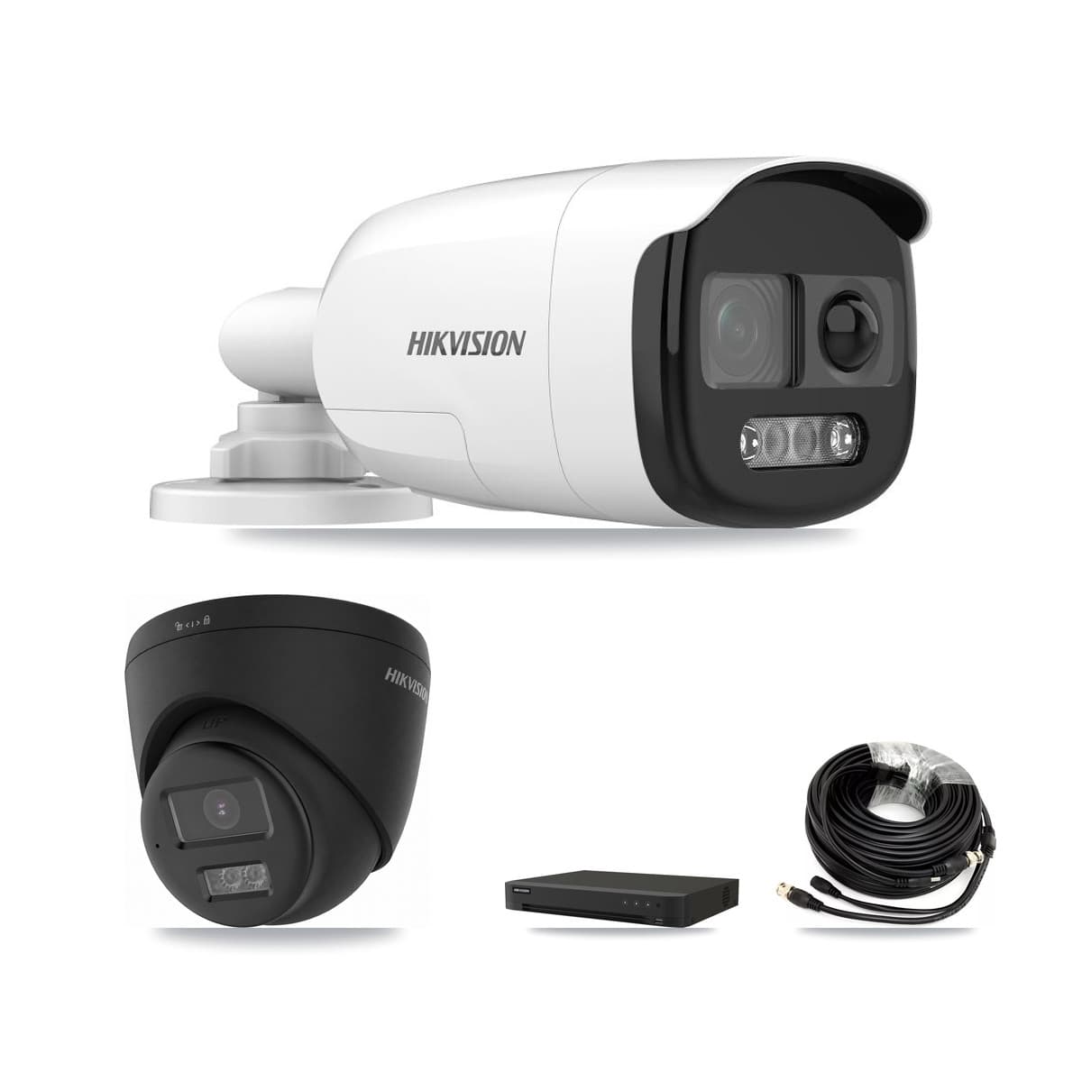 Hikvision 8-Channel 5MP – 4K CCTV Kit — 4 DS-2CE12KF3T-PIRXO 5MP Bullet + 1 Black DS-2CE78U0T-LTS-BLACK 4K Turret Cameras + 2TB Recording (IDS-7208HUHI-M1/XT Recorder) - Image 1