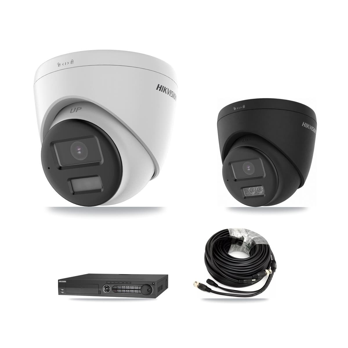 Hikvision 32-Channel 5MP – 4K CCTV Kit — 4 DS-2CE78K0T-LPTS 5MP + 4 Black DS-2CE78U0T-LTS-BLACK 4K Turret Cameras + 2× 8TB Recording (IDS-7332HUHI-M4/S Recorder) - Image 1