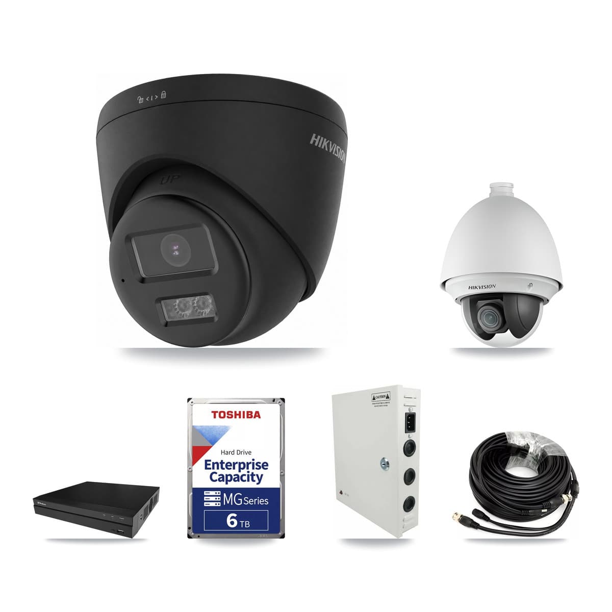Hikvision & Prolux 8-Channel 2MP – 4K CCTV Kit — 1 2MP PTZ + 4 Black 4K Turret Cameras + 2× 6TB Recording - Image 1