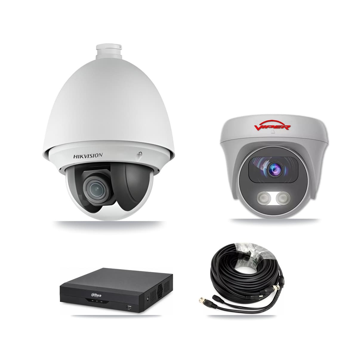 4-Channel 2MP – 5MP CCTV Kit — 1 DS-2AE4225T 2MP PTZ + 1 White VIPER-5MP-3K 5MP Cameras + 1TB Recording (DH-XVR5104HS Recorder) - Image 1