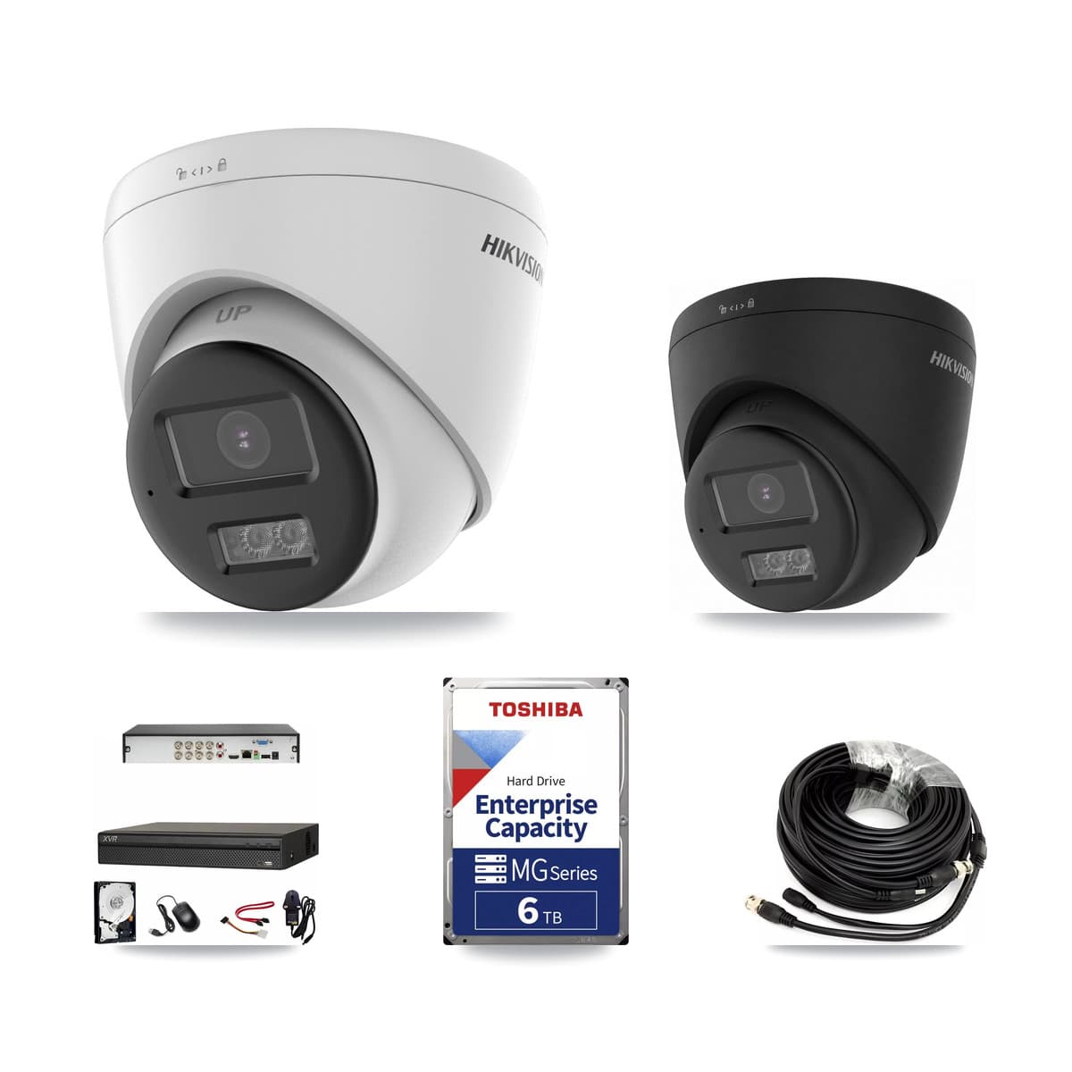 Hikvision & Dahua 8-Channel 5MP – 4K CCTV Kit — 3 DS-2CE78K0T-LTS 5MP + 1 Black DS-2CE78U0T-LTS-BLACK 4K Turret Cameras + 6TB Recording (XVR-3108AD-4K Recorder) - Image 1