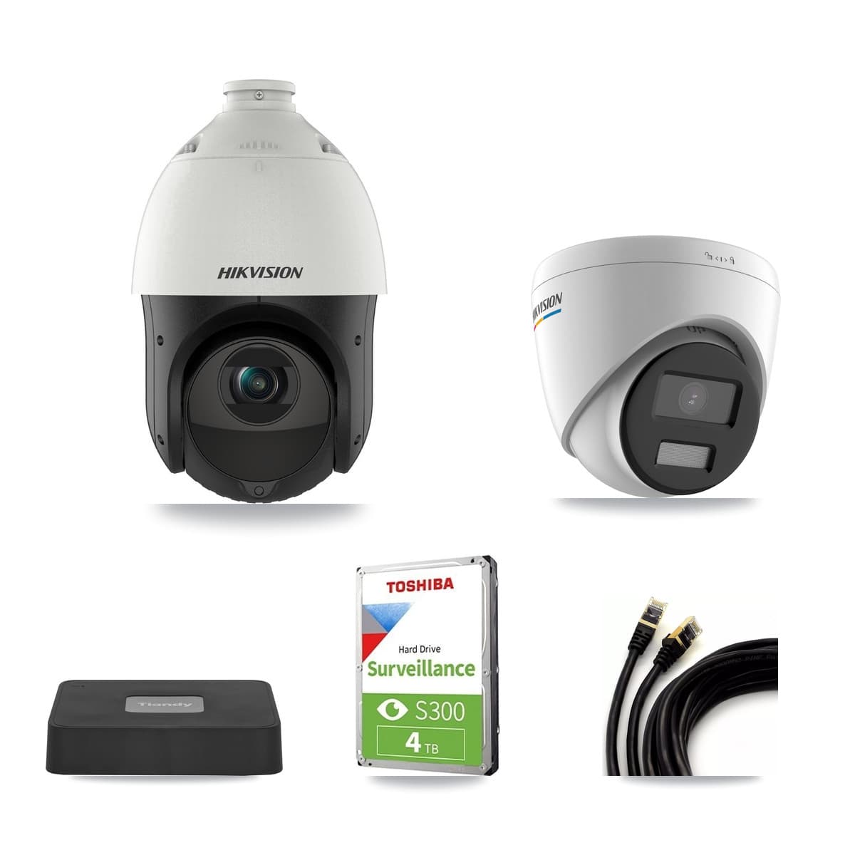 Hikvision & Tiandy 4-Channel 2MP – 4MP CCTV Kit — 1 DS-2CD1327G2 2MP Turret + 2 DS-2DE4425IW 4MP PTZ Cameras + 4TB Recording - Image 1