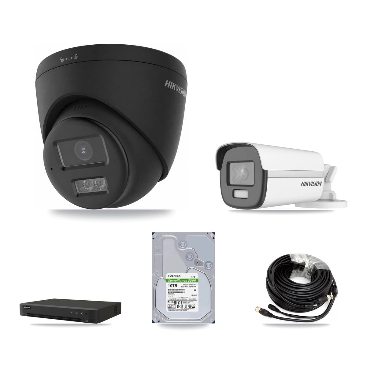 Hikvision 8-Channel 4K CCTV Kit — 1 DS-2CE12UF3T-E Bullet + 3 Black DS-2CE78U0T-LTS-BLACK Turret Cameras + 10TB Recording (IDS-7208HUHI-M1/XT Recorder) - Image 1