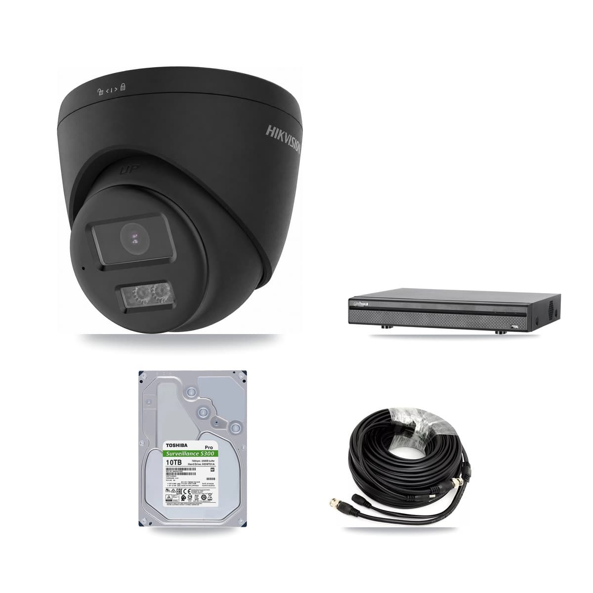 Hikvision & Dahua 8-Channel 4K CCTV Kit — 4 Black Turret Cameras + 10TB Recording (DH-XVR5108H Recorder) - Image 1