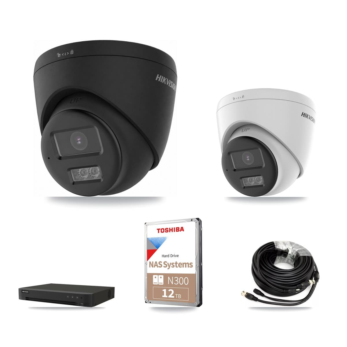 Hikvision 8-Channel 5MP – 4K CCTV Kit — 1 DS-2CE78K0T-LTS 5MP + 7 Black DS-2CE78U0T-LTS-BLACK 4K Turret Cameras + 12TB Recording (IDS-7208HUHI-M1/XT Recorder) - Image 1
