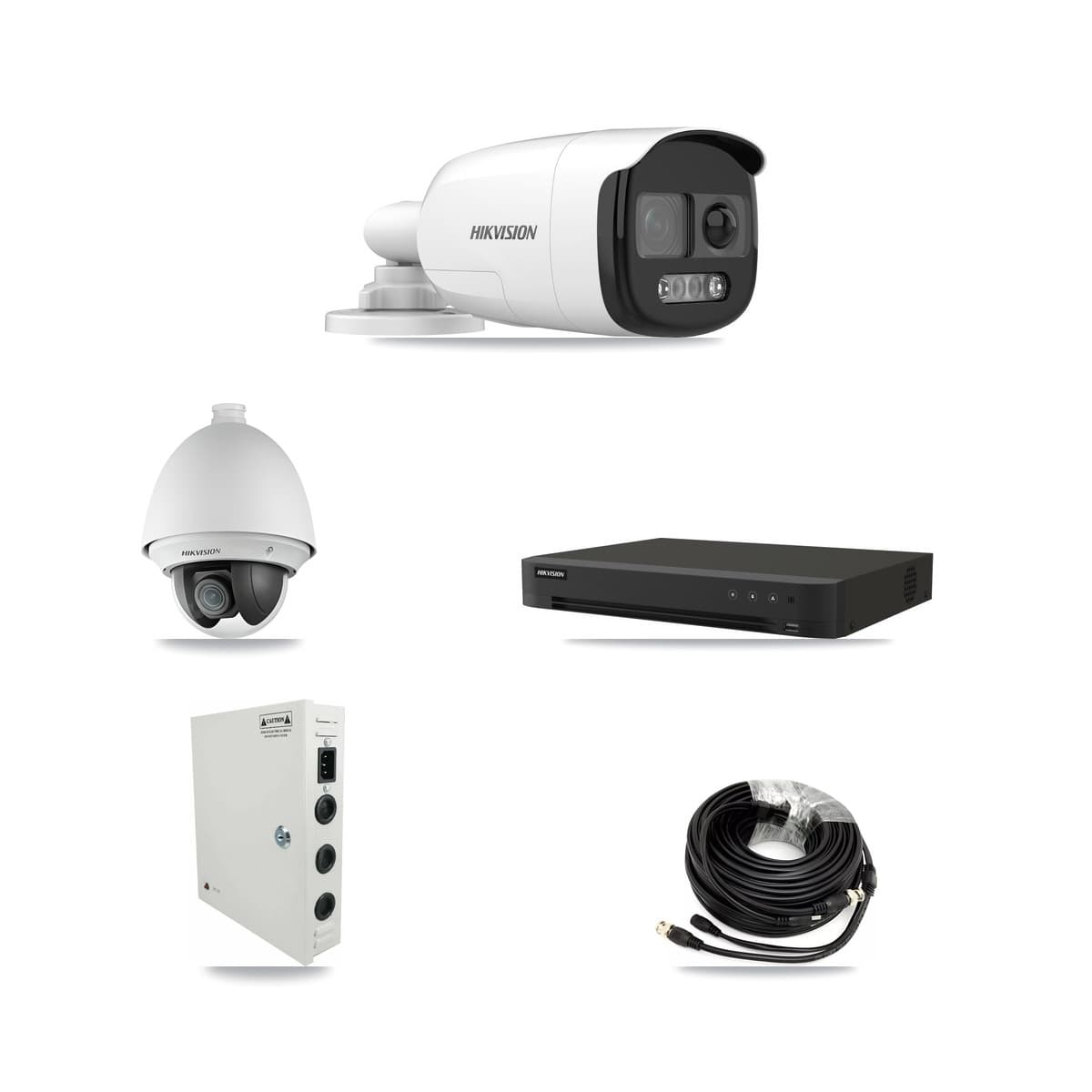 Hikvision 8-Channel 2MP – 5MP CCTV Kit — 2 DS-2AE4225T-A 2MP PTZ + 5 DS-2CE12KF3T-PIRXO 5MP Bullet Cameras + 8TB Recording (IDS-7208HUHI-M1/XT Recorder) - Image 1