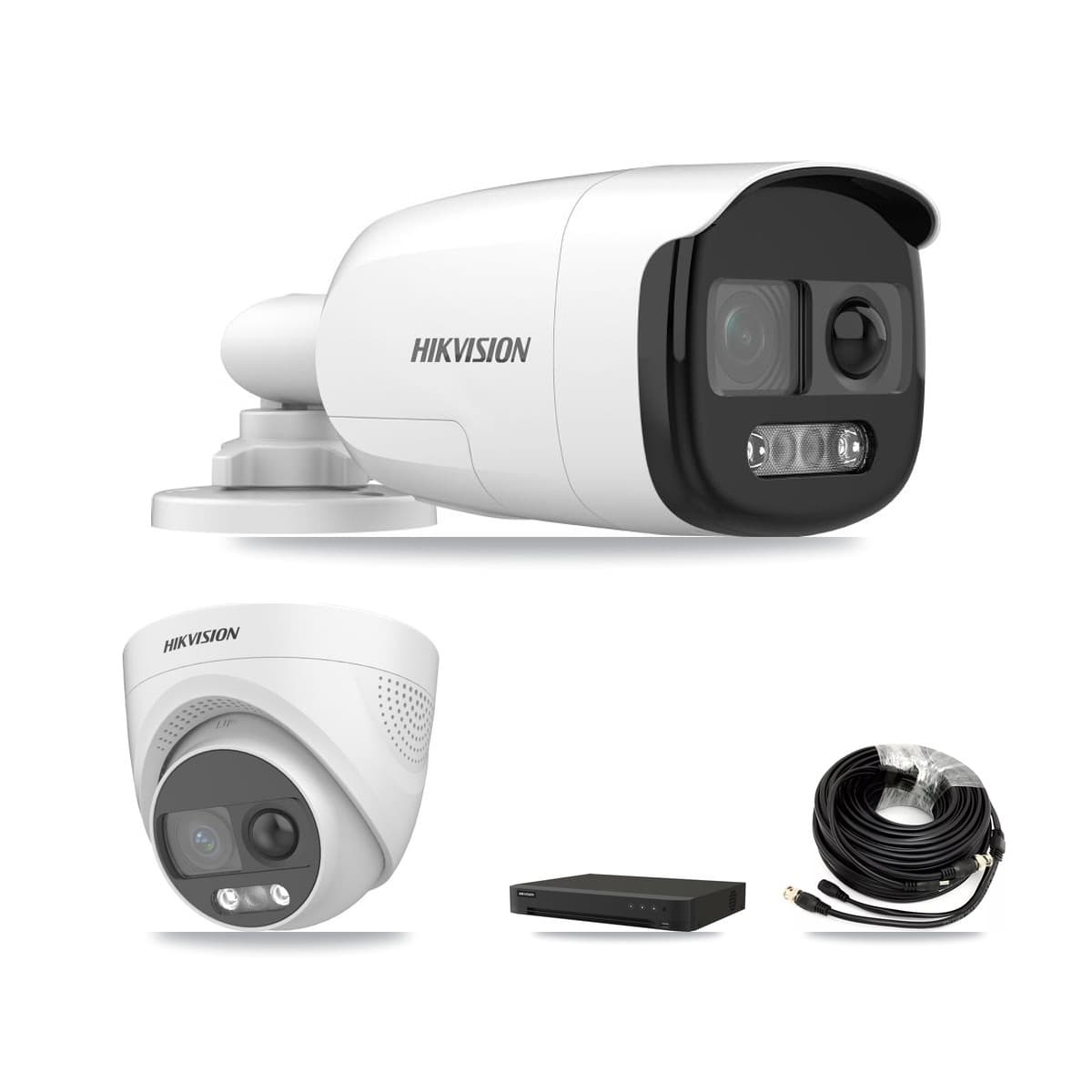 Hikvision 8-Channel 5MP CCTV Kit — 1 DS-2CE12KF3T-PIRXO Bullet + 1 DS-2CE72KF3T-PIRXO Turret Cameras + 2TB Recording (IDS-7208HUHI-M1/XT Recorder) - Image 1