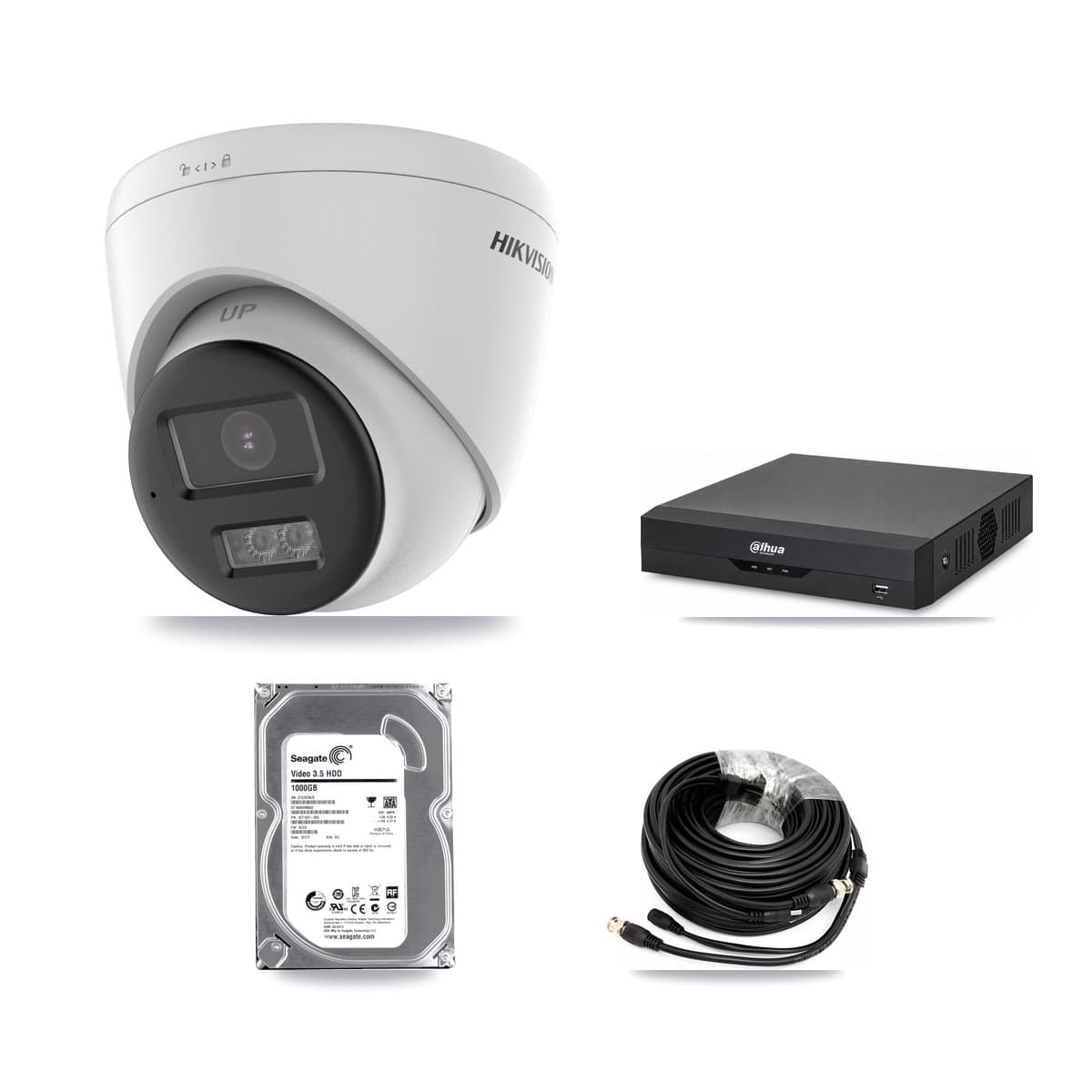 Hikvision & Dahua 4-Channel 5MP CCTV Kit — 2 DS-2CE78K0T-LTS Turret Cameras + 1TB Recording (DH-XVR5104HS-4KL-I2 Recorder) - Image 1