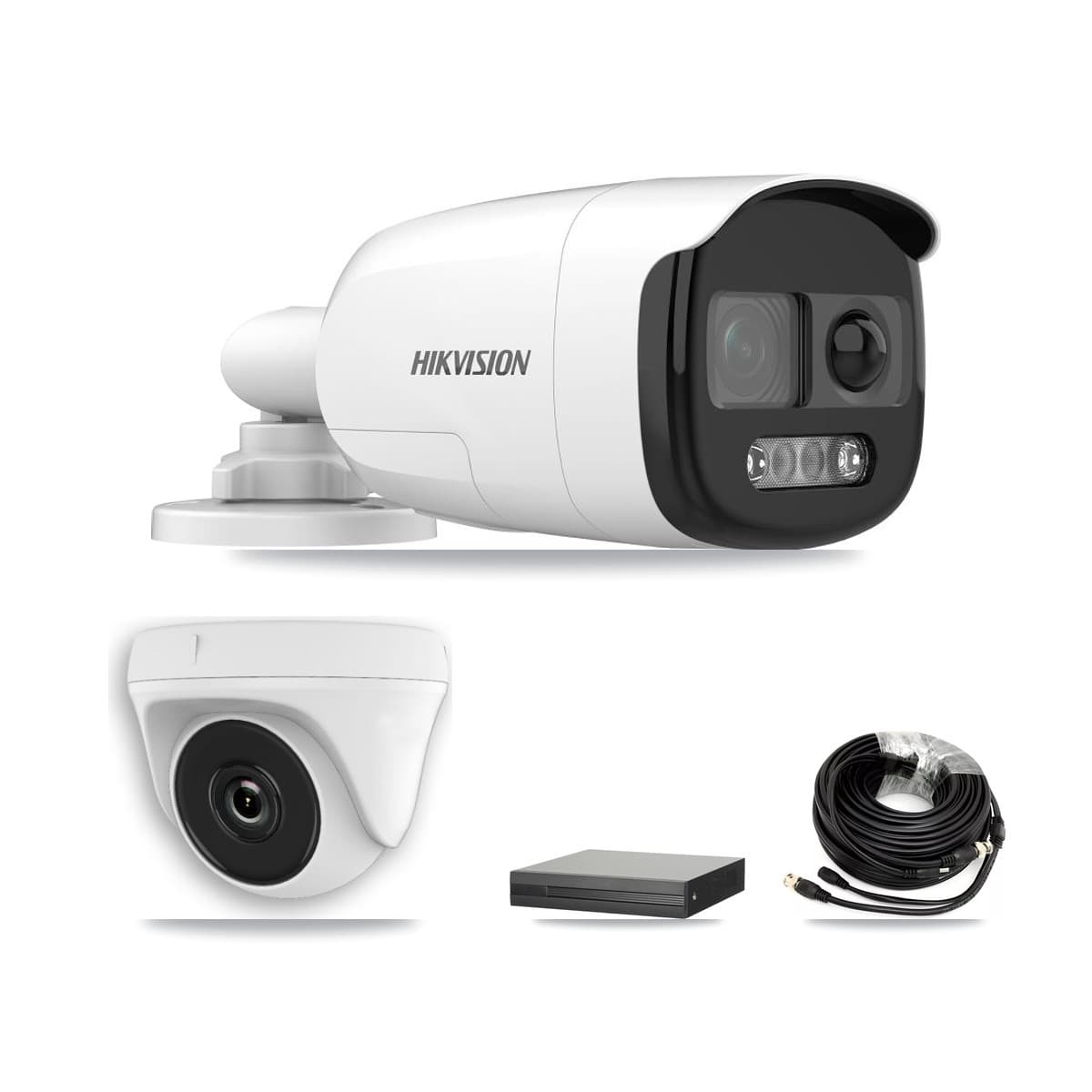 Hikvision 4-Channel 2MP – 5MP CCTV Kit — 1 DS-2CE12KF3T 5MP Bullet + 1 White HDT-2MP-N20W 2MP Dome Cameras + 2TB Recording (XVR-3104HS Recorder) - Image 1
