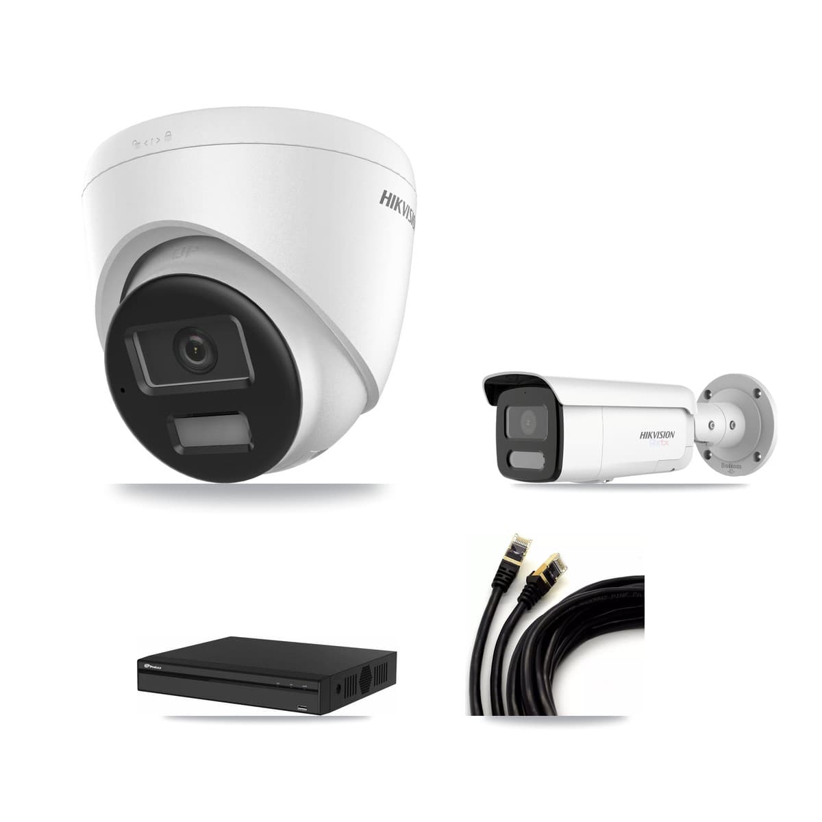 Hikvision & Prolux 4-Channel 4K CCTV Kit — 2 DS-2CD1383G2-LIUF/SL Turret + 1 White DS-2CD2T87G2H-LISU/SL-2.8MM-W Bullet Cameras + 8TB Recording (PXN-2104HS-4P-4K Recorder) - Image 1