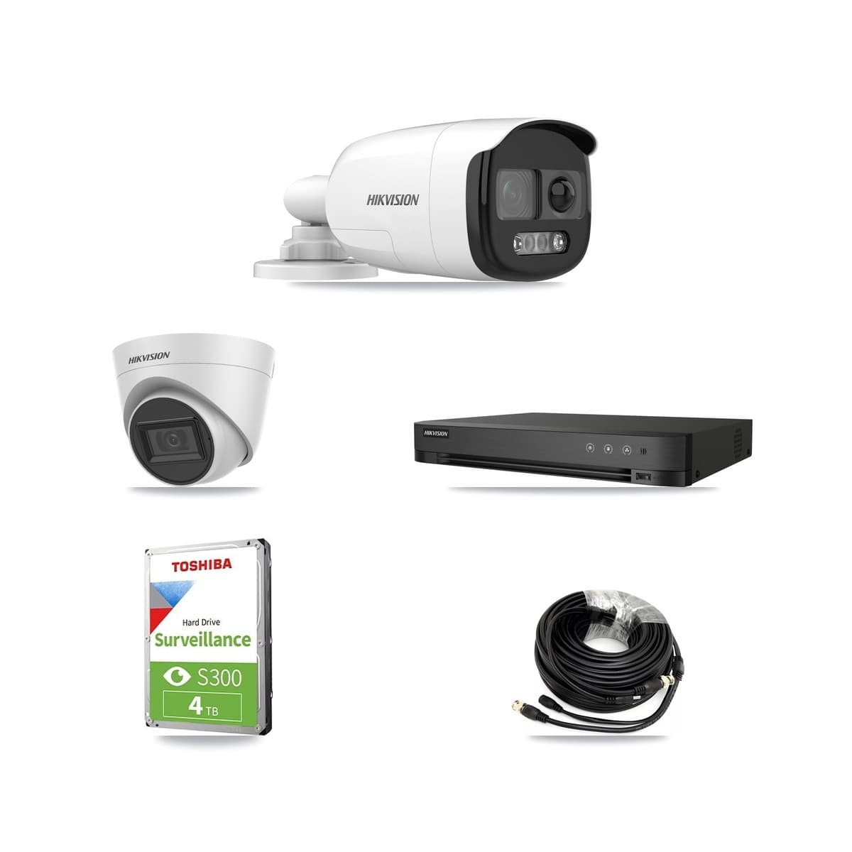 Hikvision 4-Channel 5MP CCTV Kit — 2 Bullet + 1 White Turret Cameras + 4TB Recording (IDS-7204HQHI Recorder) - Image 1