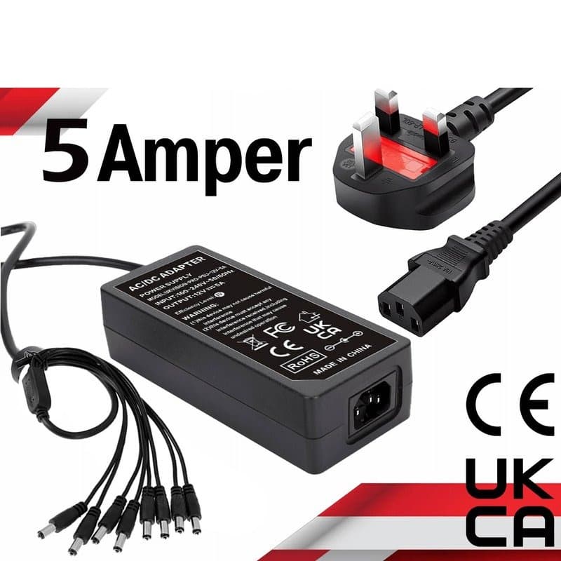 12V 5A Power Supply with Built-in 8-Way Splitter – UK Plug, Boxed