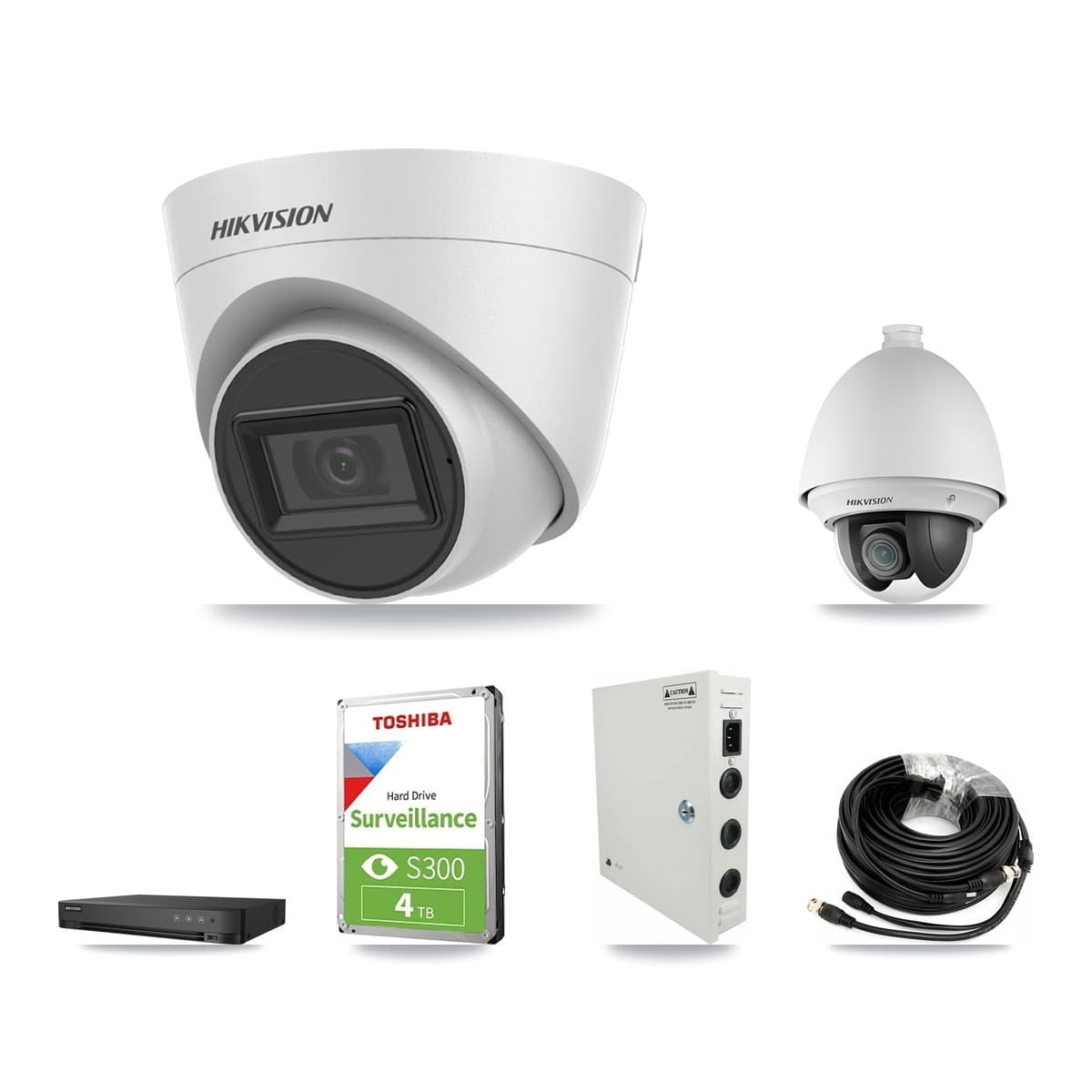 Hikvision 4-Channel 2MP – 5MP CCTV Kit — 1 2MP PTZ + 2 White 5MP Turret Cameras + 4TB Recording (IDS-7204HQHI Recorder) - Image 1