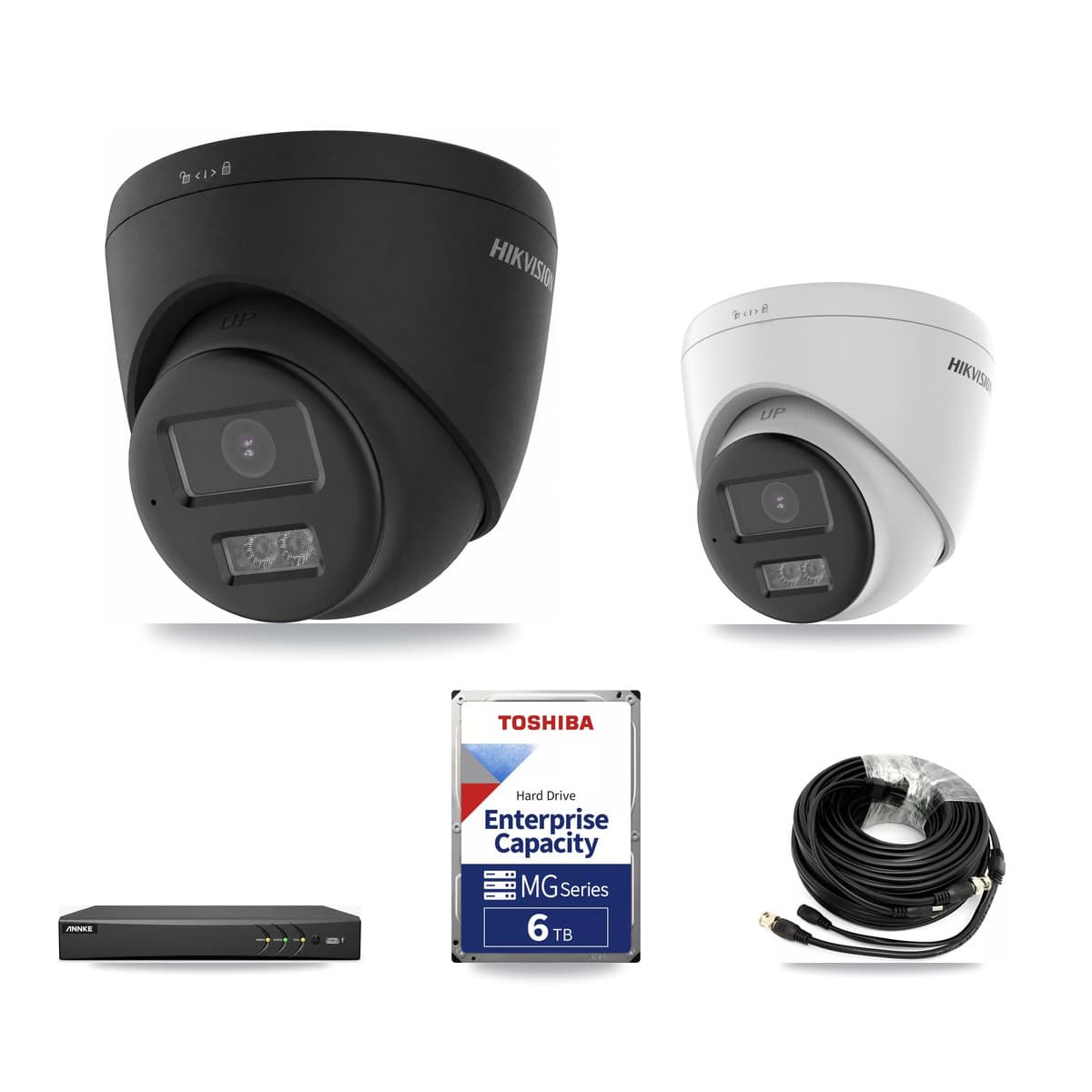 Hikvision & ANNKE 4-Channel 5MP – 4K CCTV Kit — 1 DS-2CE78K0T-LTS 5MP + 2 Black DS-2CE78U0T-LTS-BLACK 4K Turret Cameras + 6TB Recording (AN-DV4-8MP-D941BB Recorder) - Image 1