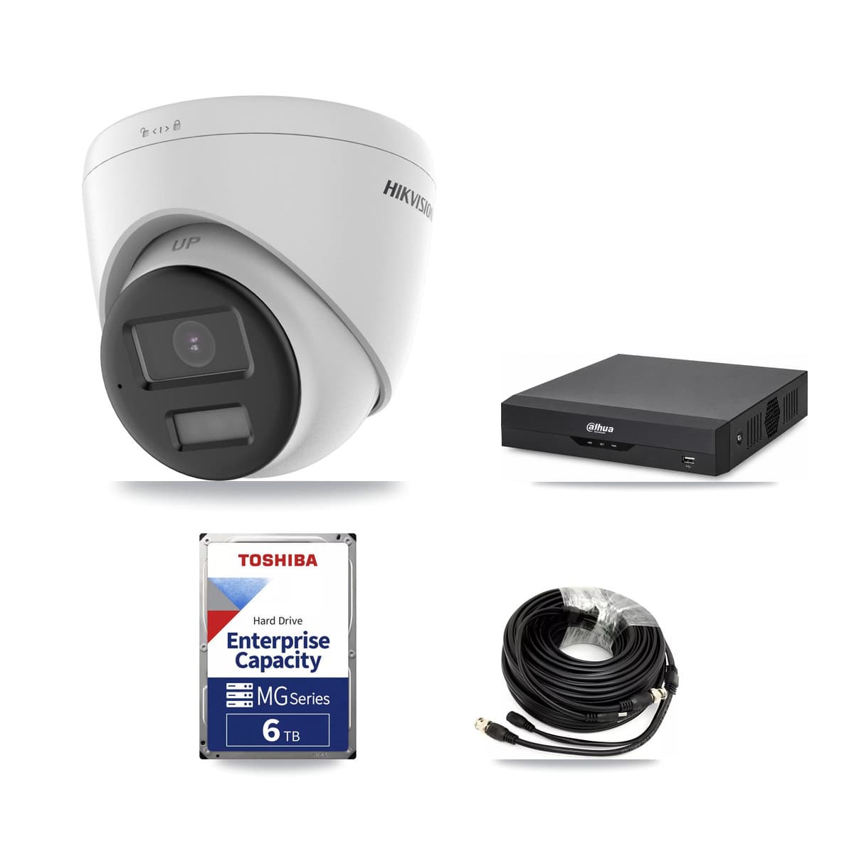 Hikvision & Dahua 4-Channel 5MP CCTV Kit — 2 DS-2CE78K0T-LPTS Turret Cameras + 6TB Recording (DH-XVR5104HS-4KL-I2 Recorder) - Image 1