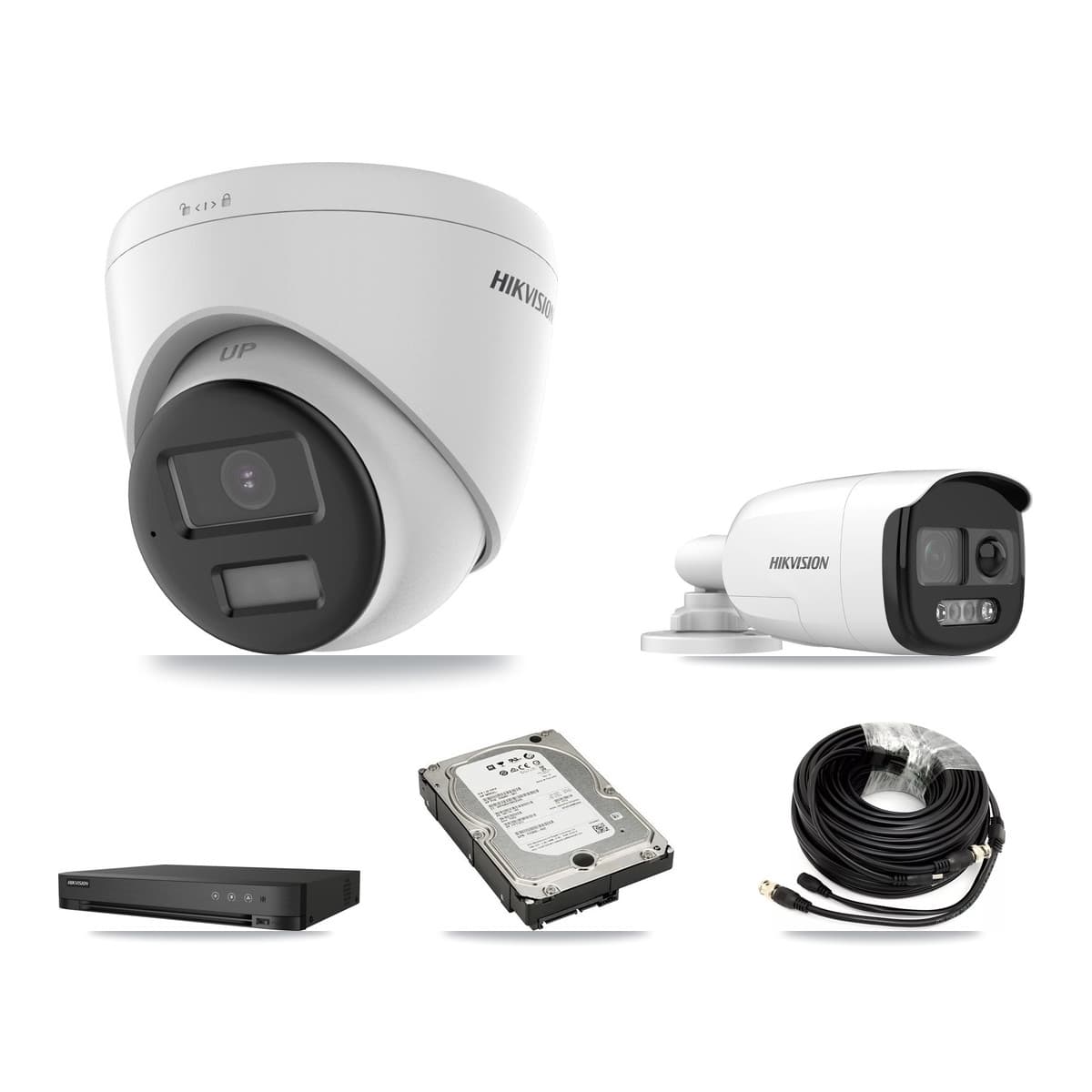 Hikvision 4-Channel 5MP CCTV Kit — 1 DS-2CE12KF3T-PIRXO Bullet + 3 DS-2CE78K0T-LPTS Turret Cameras + 5TB Recording (IDS-7204HQHI-M1/XT Recorder) - Image 1