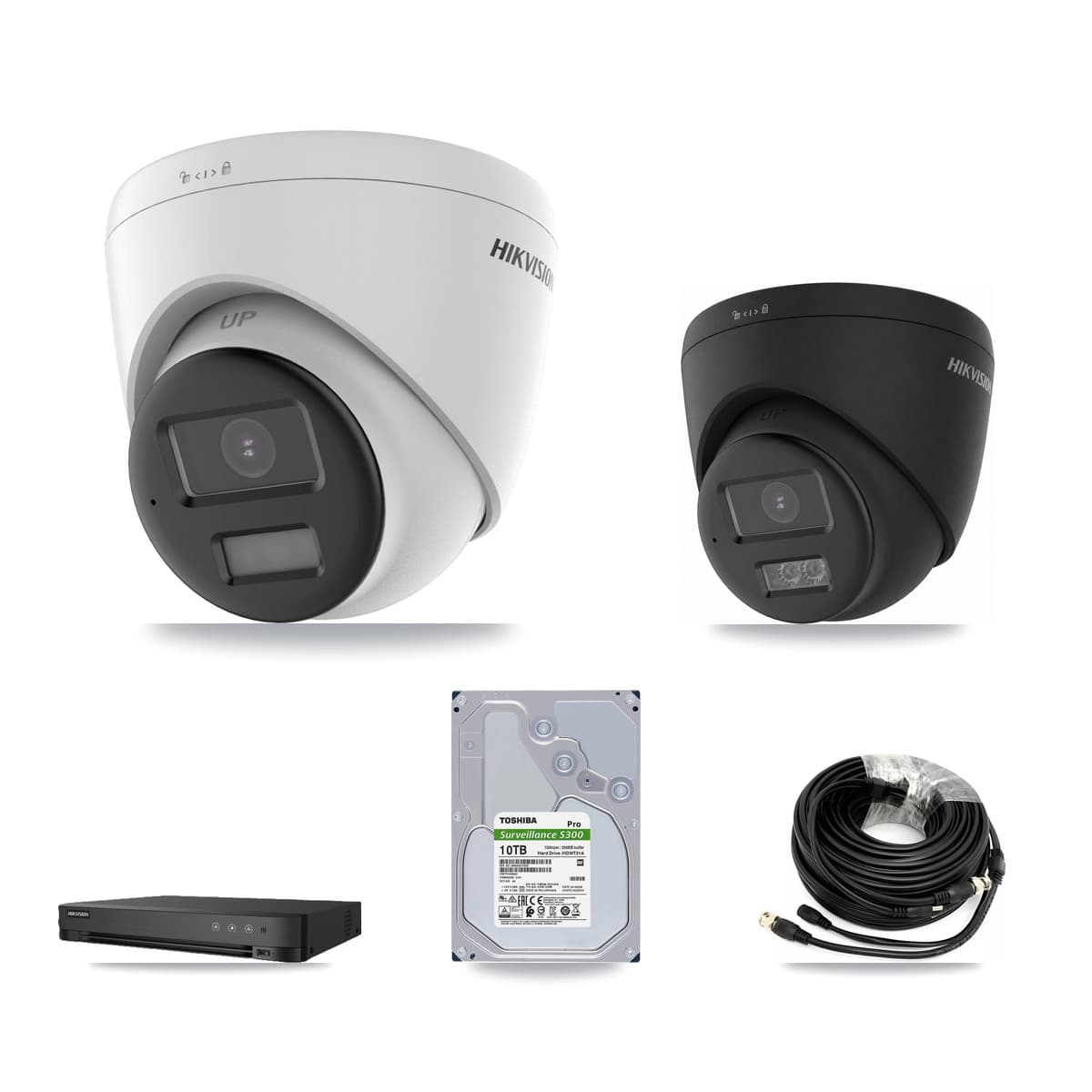 Hikvision 8-Channel 5MP – 4K CCTV Kit — 6 DS-2CE78K0T-LPTS 5MP + 1 Black DS-2CE78U0T-LTS-BLACK 4K Turret Cameras + 10TB Recording (IDS-7208HUHI-M1/E Recorder) - Image 1