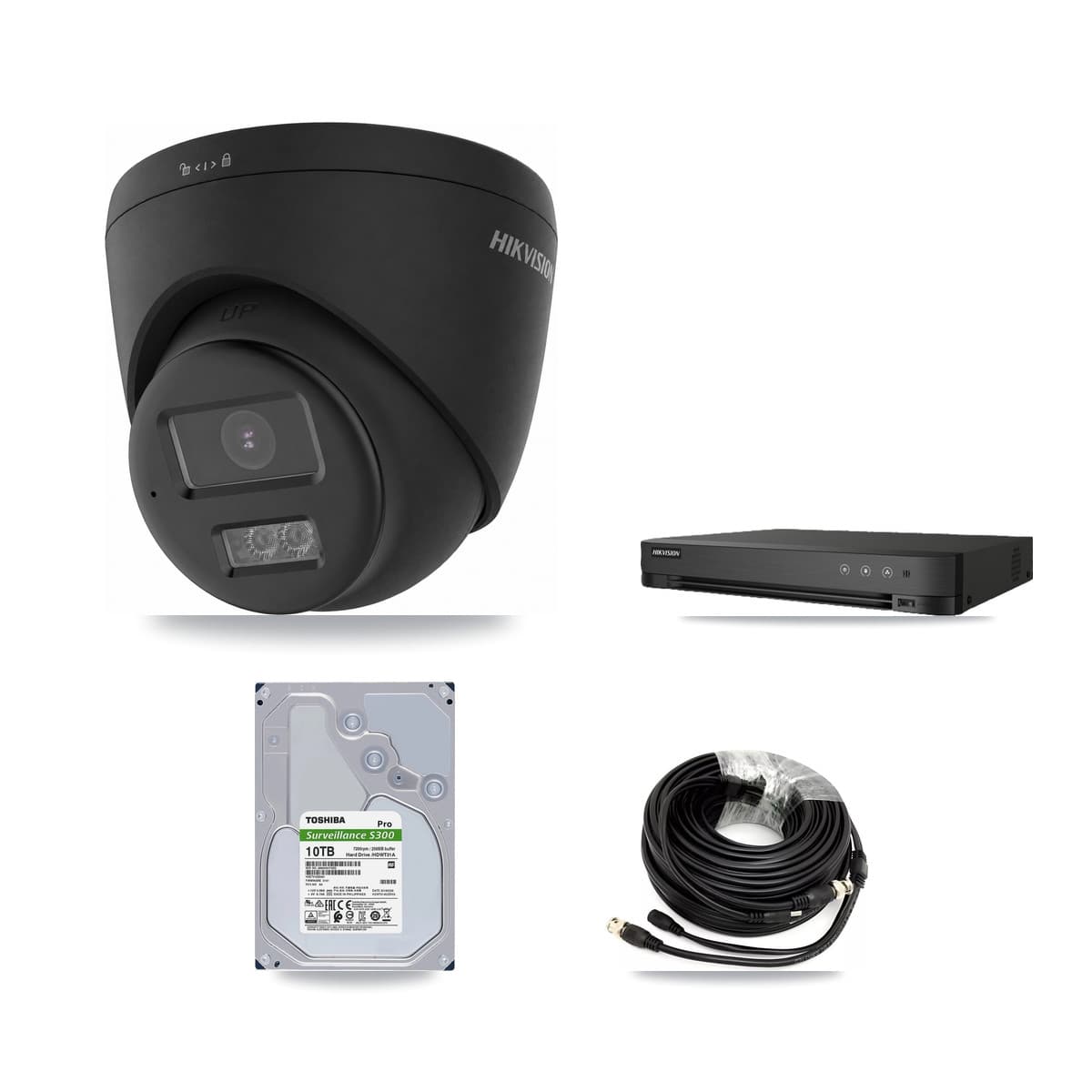 Hikvision 8-Channel 4K CCTV Kit — 7 Black DS-2CE78U0T-LTS-BLACK Turret Cameras + 10TB Recording (IDS-7208HUHI-M1/E Recorder) - Image 1