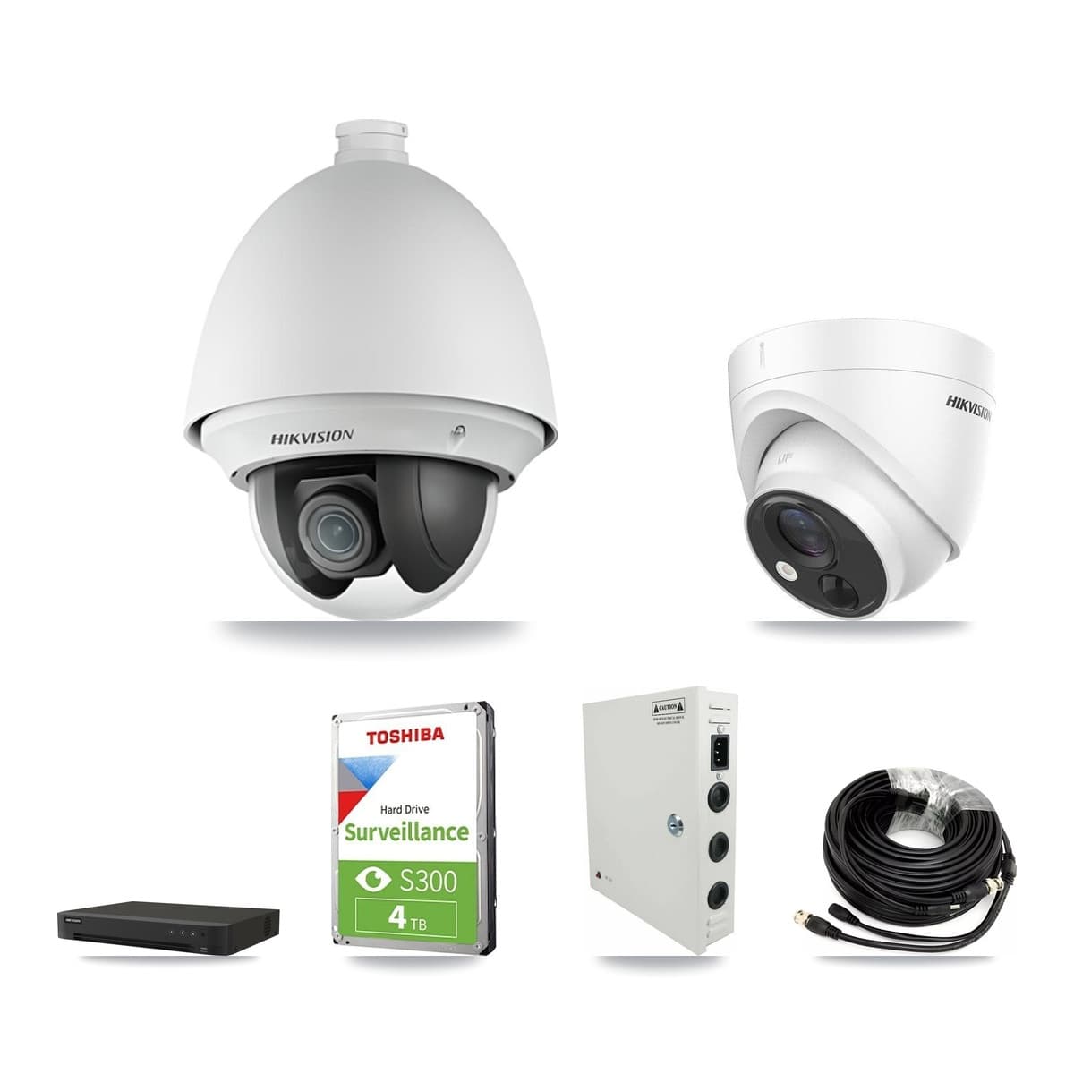 Hikvision 8-Channel 2MP – 5MP CCTV Kit — 2 DS-2AE4225T-A 2MP PTZ + 2 DS-2CE71H0T-PIRLO 5MP Turret Cameras + 4TB Recording (IDS-7208HUHI-M1/XT Recorder) - Image 1