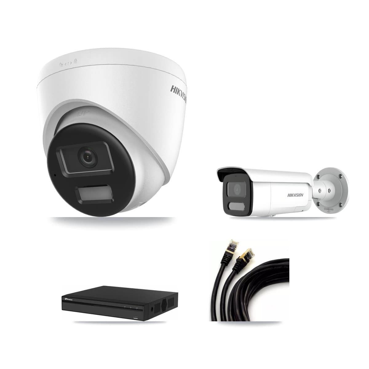 Hikvision & Prolux 4-Channel 4MP – 4K CCTV Kit — 2 DS-2CD1383G2-LIU 4K Turret + 2 DS-2CD2T47G2H-LISU/SL 4MP Bullet Cameras + 8TB Recording (PXN-2104HS-4P-4K Recorder) - Image 1