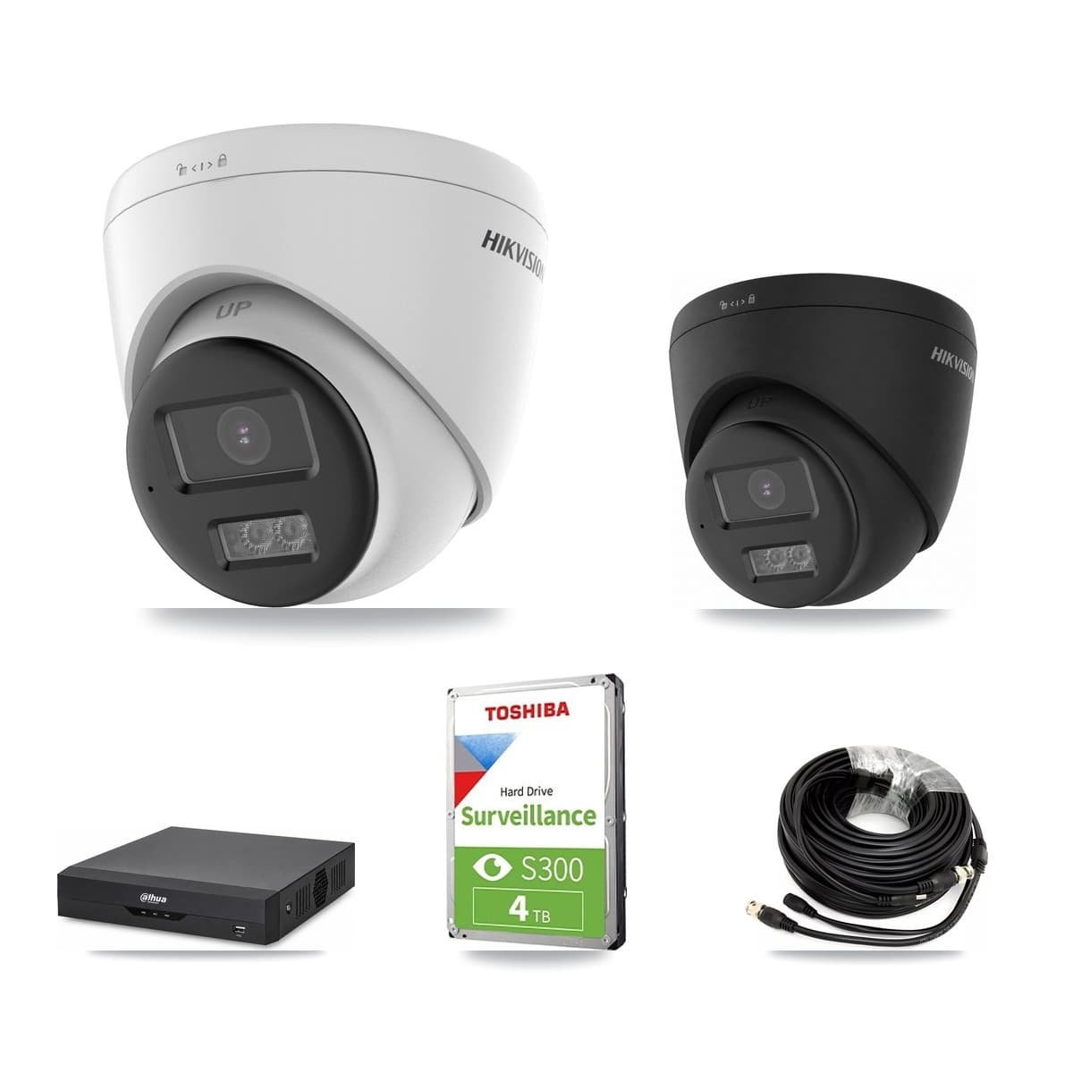 Hikvision & Dahua 4-Channel 5MP – 4K CCTV Kit — 1 DS-2CE78K0T-LTS 5MP + 1 Black DS-2CE78U0T-LTS-BLACK 4K Turret Cameras + 4TB Recording (DH-XVR5104HS-4KL-I2 Recorder) - Image 1
