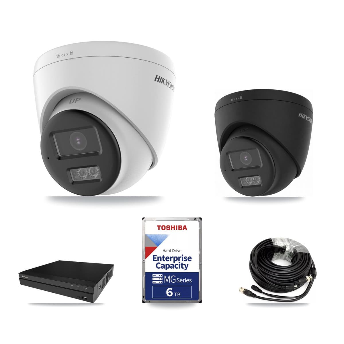 Hikvision & Prolux 8-Channel 5MP – 4K CCTV Kit — 3 DS-2CE78K0T-LTS 5MP + 3 Black DS-2CE78U0T-LTS-BLACK 4K Turret Cameras + 2× 6TB Recording (PXD-5208AN-4KL-X-8P Recorder) - Image 1