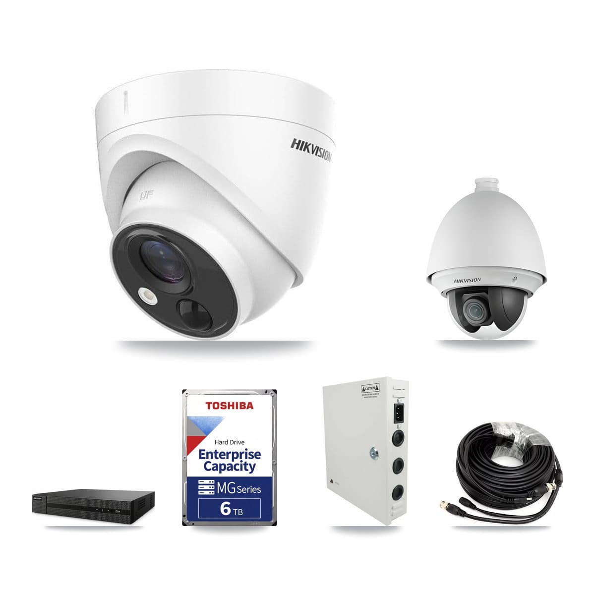 Hikvision 8-Channel 2MP – 5MP CCTV Kit — 1 DS-2AE4225T 2MP PTZ + 7 DS-2CE71H0T 5MP Turret Cameras + 6TB Recording - Image 1