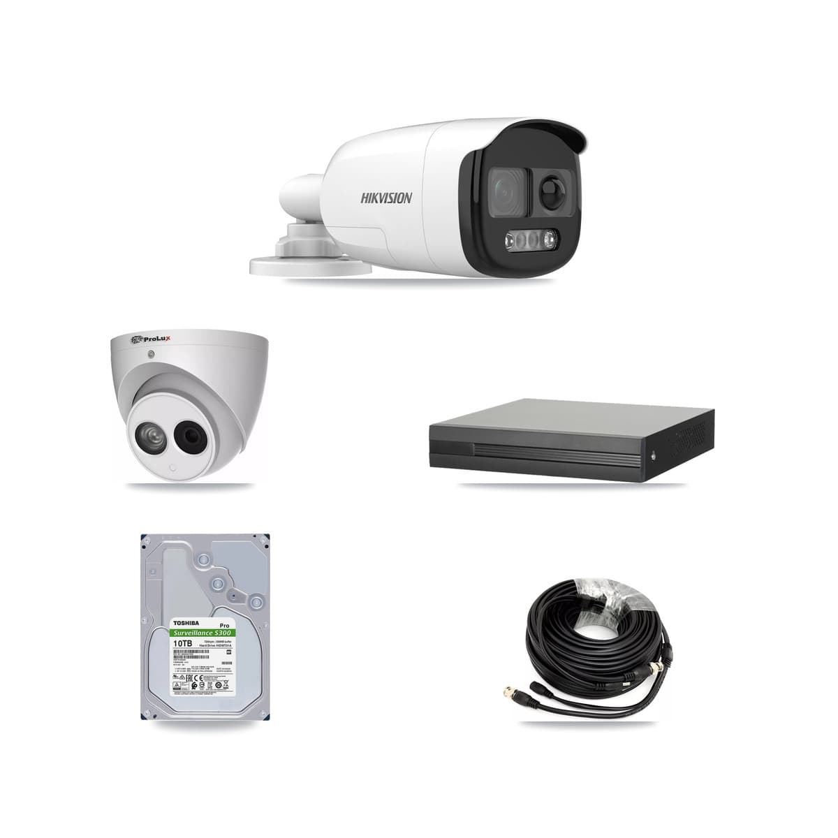 Hikvision & Prolux 16-Channel 4MP – 5MP CCTV Kit — 7 DS-2CE12KF3T 5MP Bullet + 1 PXC-612C4W-A 4MP Turret Cameras + 10TB Recording (XVR-3116HS Recorder) - Image 1