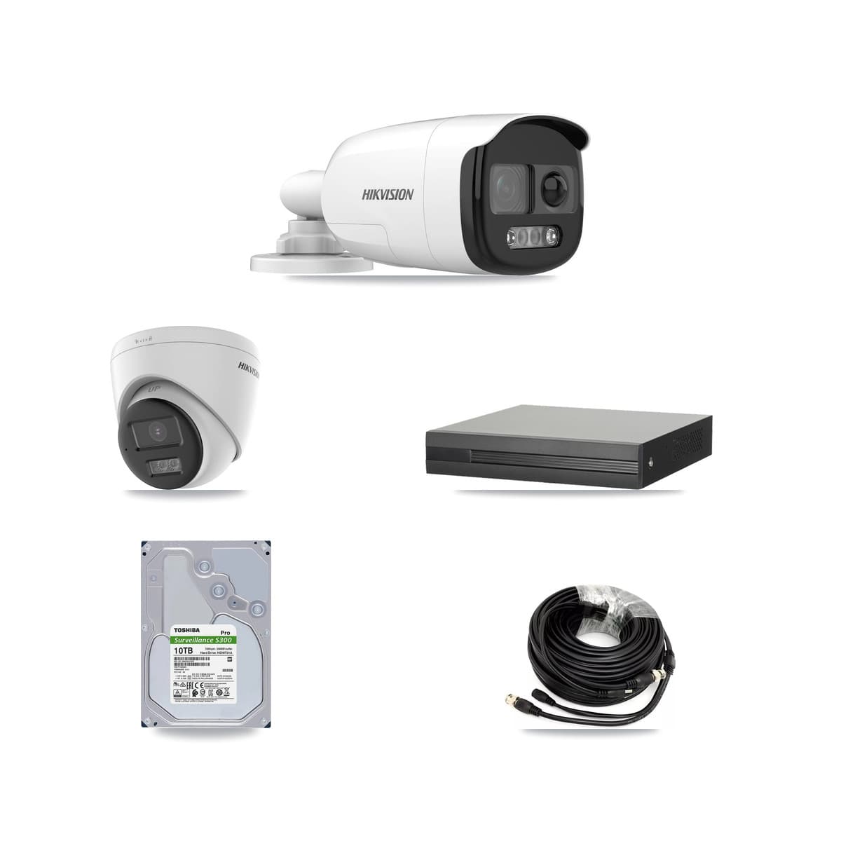 Hikvision 8-Channel 5MP CCTV Kit — 7 DS-2CE12KF3T-PIRXO Bullet + 1 DS-2CE78K0T-LTS Turret Cameras + 10TB Recording (XVR-3108HS-5MP-LITE Recorder) - Image 1