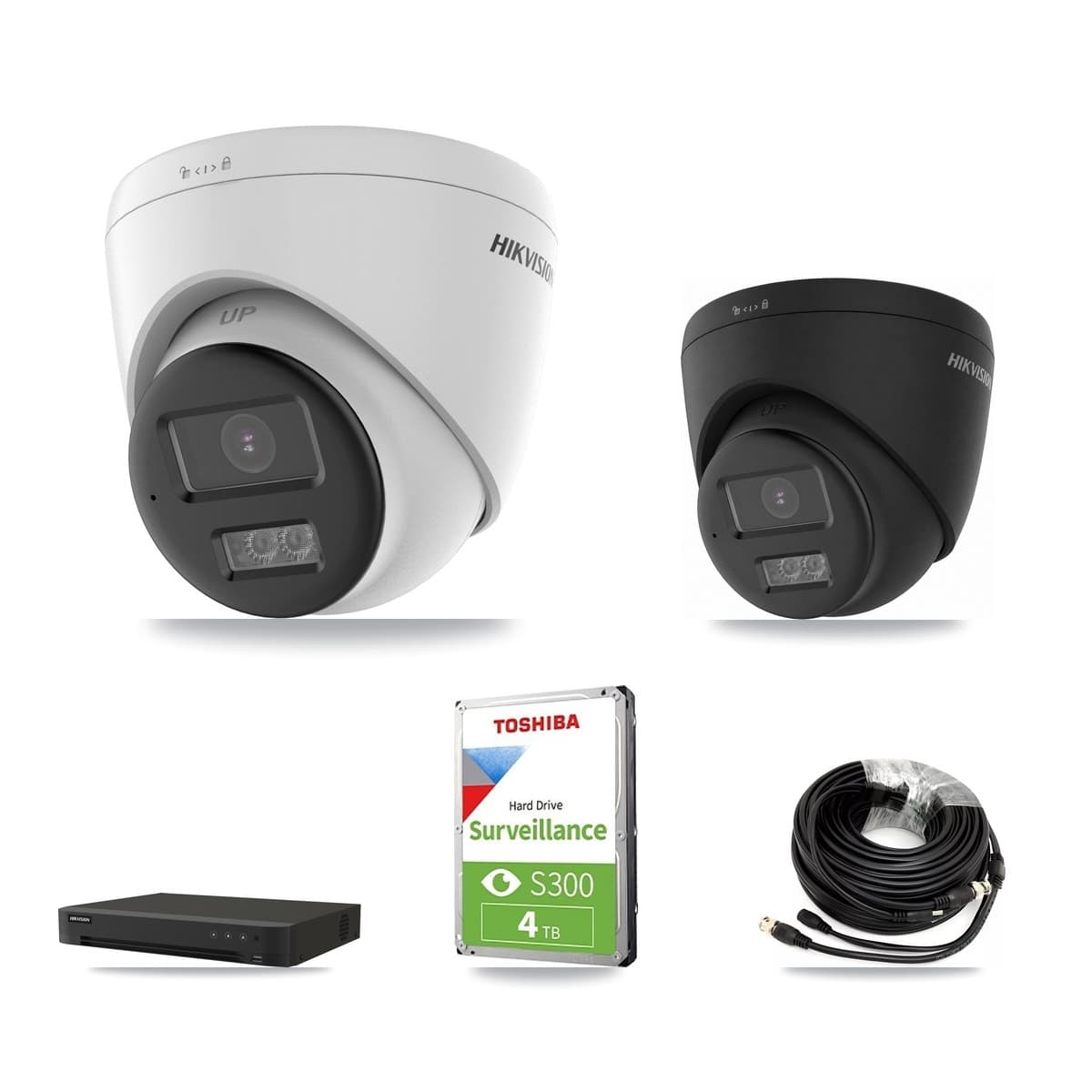 Hikvision 8-Channel 5MP – 4K CCTV Kit — 1 DS-2CE78K0T-LTS 5MP + 1 Black DS-2CE78U0T-LTS-BLACK 4K Turret Cameras + 4TB Recording (IDS-7208HUHI-M1/XT Recorder) - Image 1