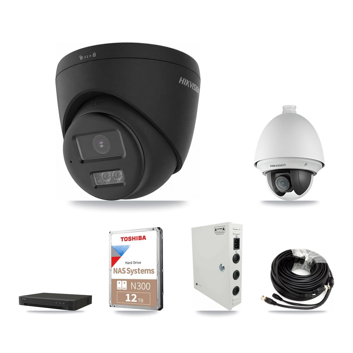 Hikvision 8-Channel 2MP – 4K CCTV Kit — 2 2MP PTZ + 5 Black 4K Turret Cameras + 12TB Recording - Image 1