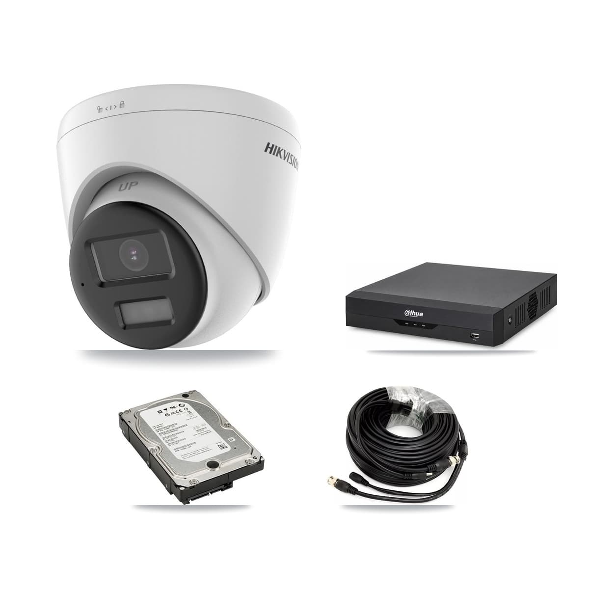 Hikvision & Dahua 4-Channel 5MP CCTV Kit — 4 DS-2CE78K0T-LPTS Turret Cameras + 5TB Recording (DH-XVR5104HS-4KL-I2 Recorder) - Image 1