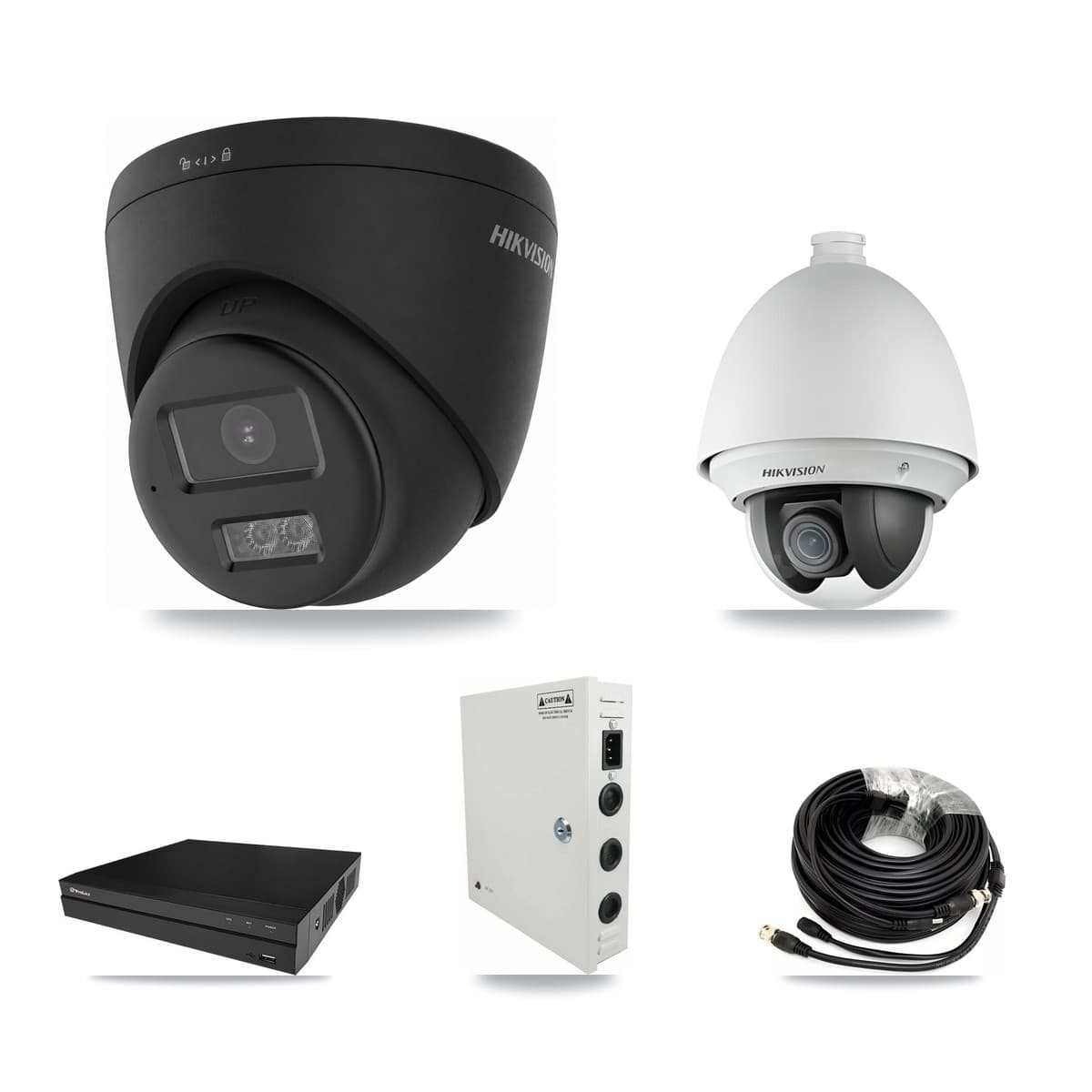 Hikvision & Prolux 8-Channel 2MP – 4K CCTV Kit — 1 2MP PTZ + 6 Black 4K Turret Cameras + 2× 8TB Recording - Image 1