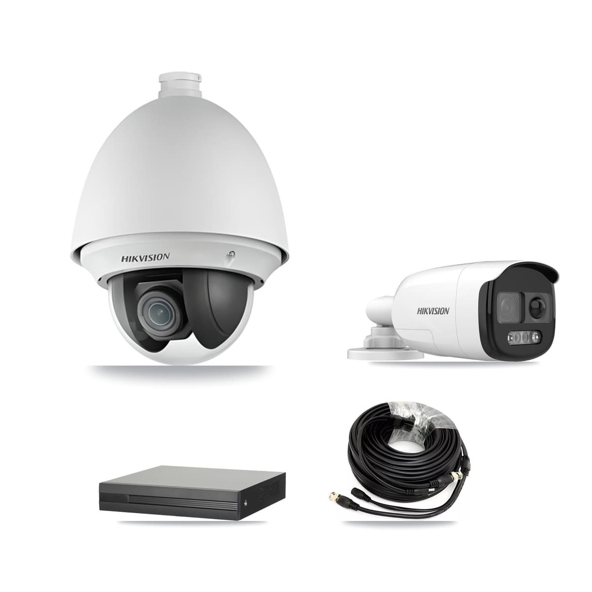 Hikvision 4-Channel 2MP – 5MP CCTV Kit — 1 DS-2AE4225T 2MP PTZ + 1 DS-2CE12KF3T 5MP Bullet Cameras + 2TB Recording (XVR-3104HS Recorder) - Image 1