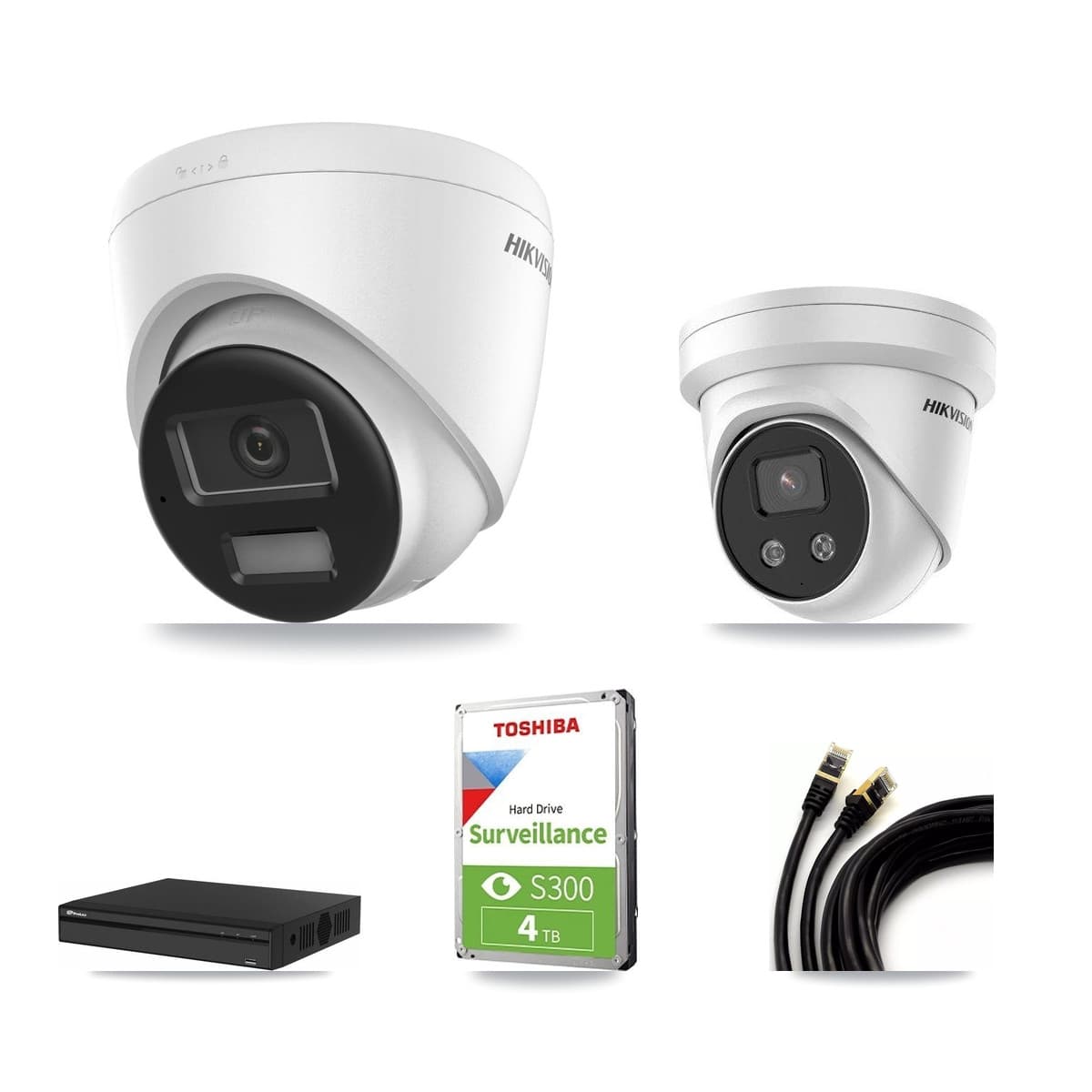 Hikvision & Prolux 4-Channel 5MP – 4K CCTV Kit — 1 DS-2CD1383G2-LIUF/SL 4K + 1 DS-2CD3356G2-ISU 5MP Turret Cameras + 4TB Recording (PXN-2104HS-4P-4K Recorder) - Image 1