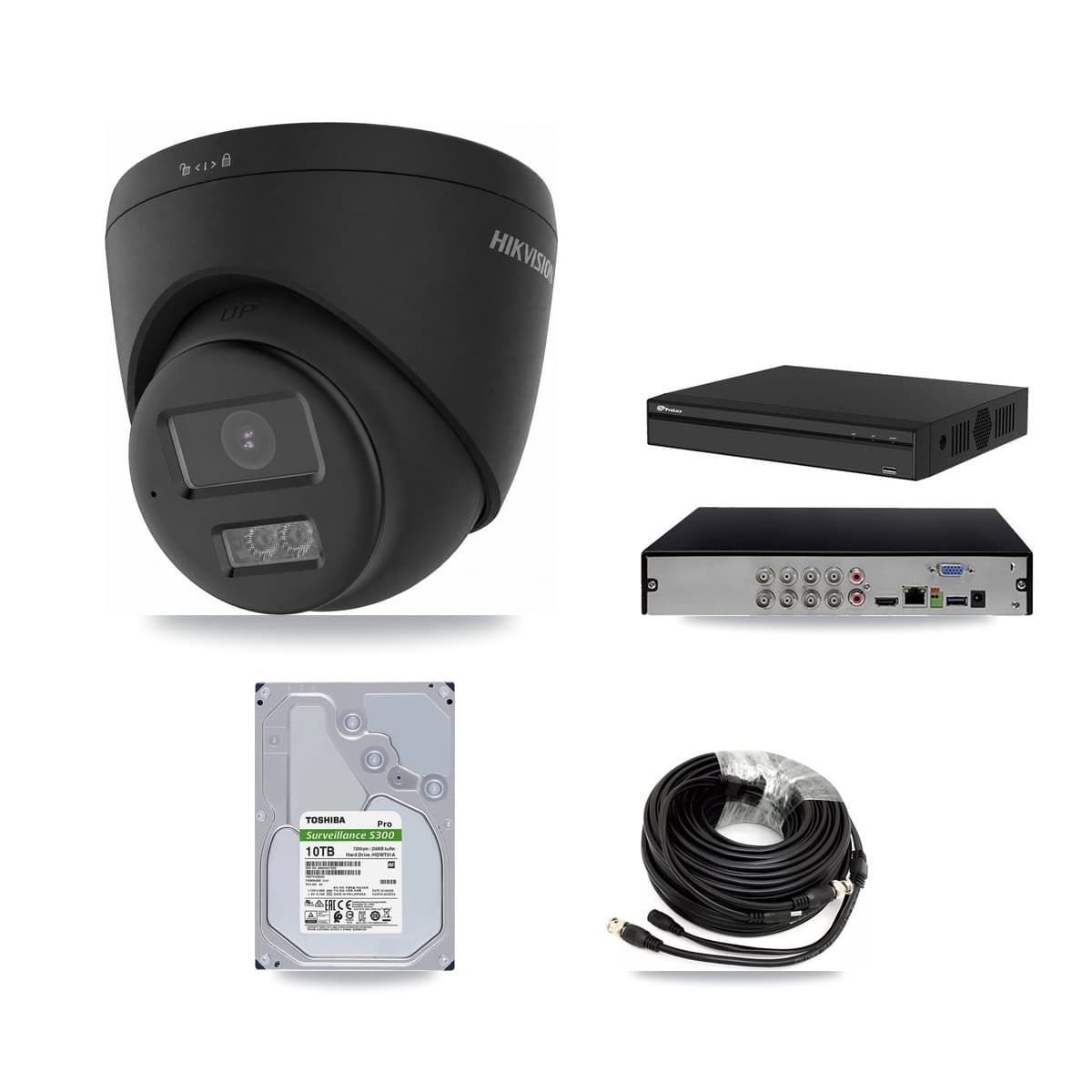 Hikvision & Prolux 8-Channel 4K CCTV Kit — 4 Black Turret Cameras + 10TB Recording (PXD-5108HS Recorder) - Image 1