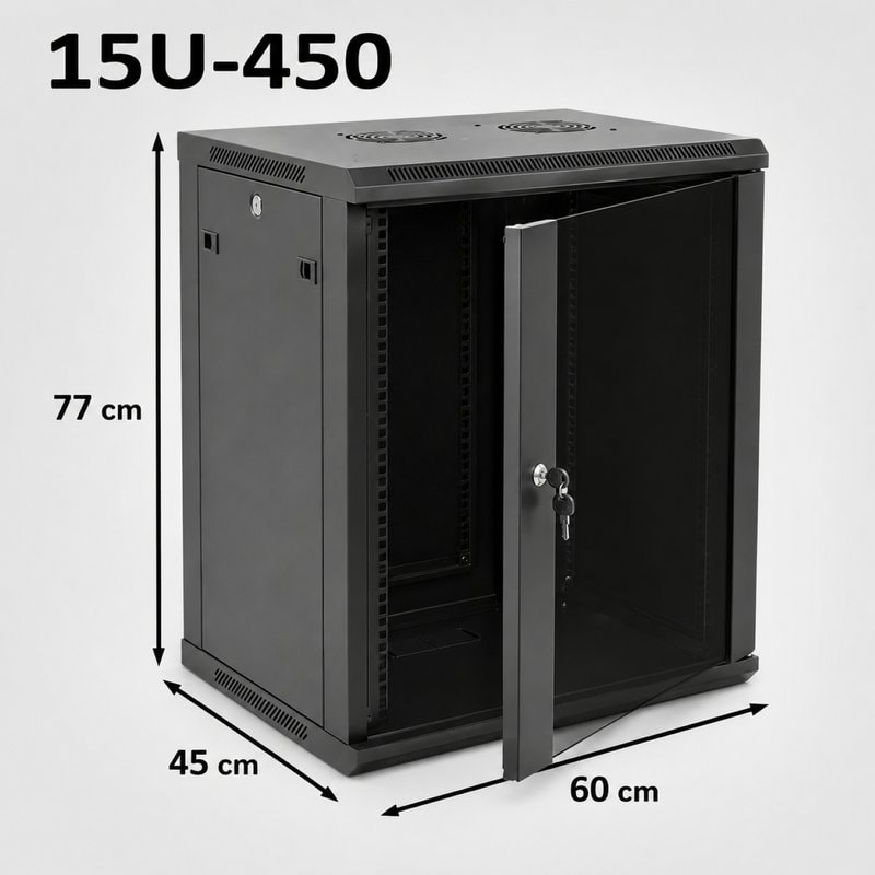 15U 19" Black Data Network Cabinet - Wall-Mount Server Rack (450mm Depth)