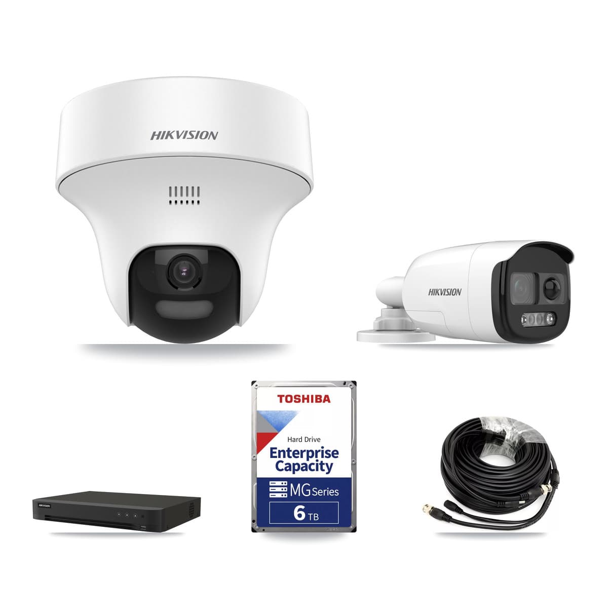 Hikvision 8-Channel 5MP CCTV Kit — 1 DS-2CE12KF3T-PIRXO Bullet + 4 DS-2CE70K0T-PTLTS Turret Cameras + 6TB Recording (IDS-7208HUHI-M1/XT Recorder) - Image 1