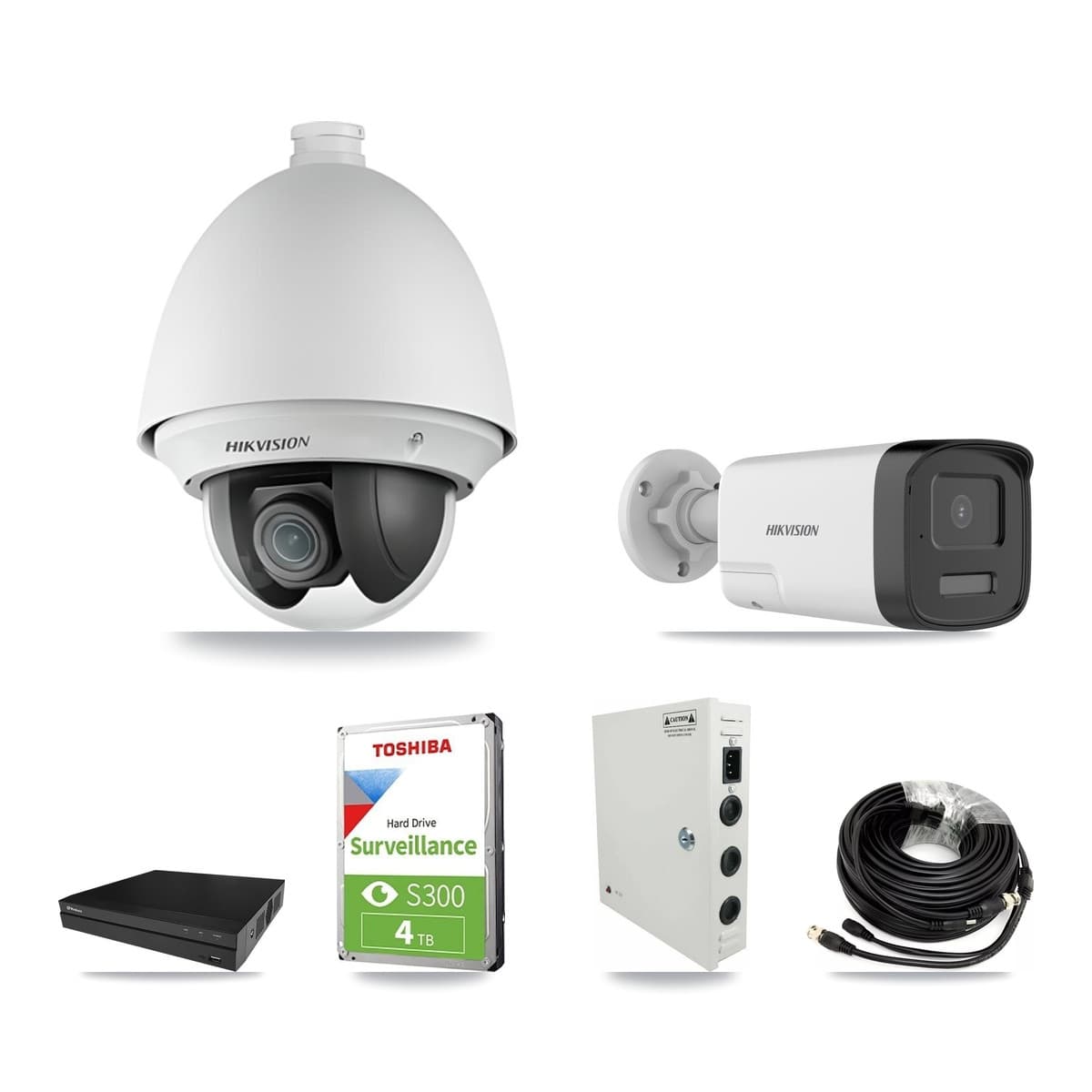 Hikvision & Prolux 8-Channel 2MP – 5MP CCTV Kit — 2 DS-2AE4225T 2MP PTZ + 2 DS-2CE17K0T 5MP Bullet Cameras + 4TB Recording (PXD-5208AN Recorder) - Image 1