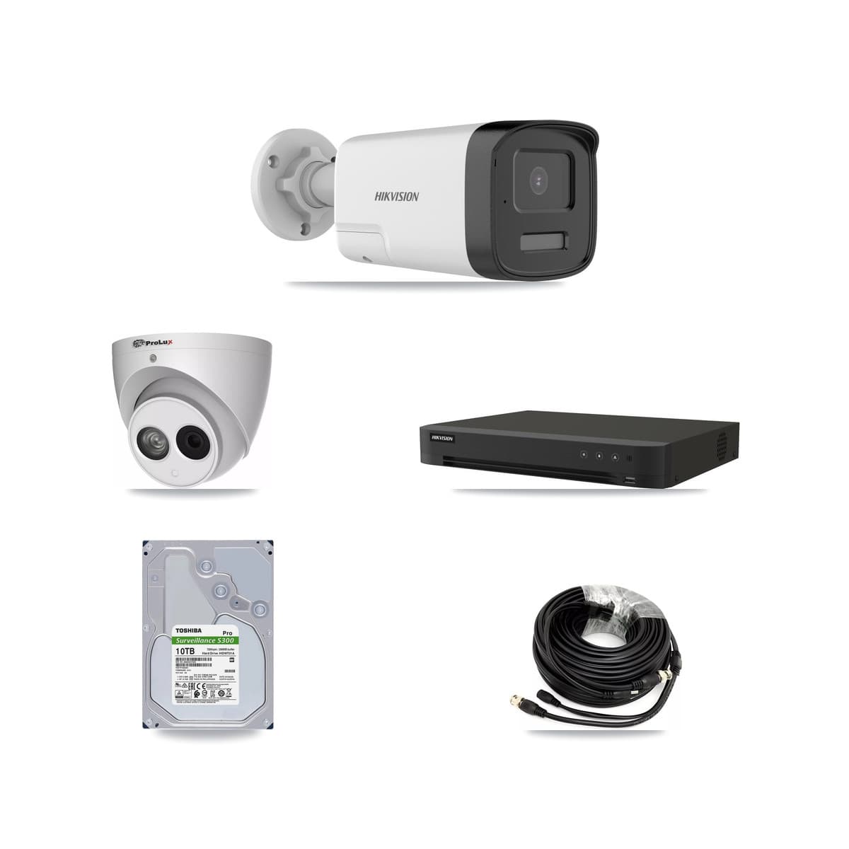 Hikvision & Prolux 16-Channel 4MP – 5MP CCTV Kit — 7 DS-2CE17K0T 5MP Bullet + 1 PXC-612C4W-A 4MP Turret Cameras + 10TB Recording (IDS-7216HQHI Recorder) - Image 1