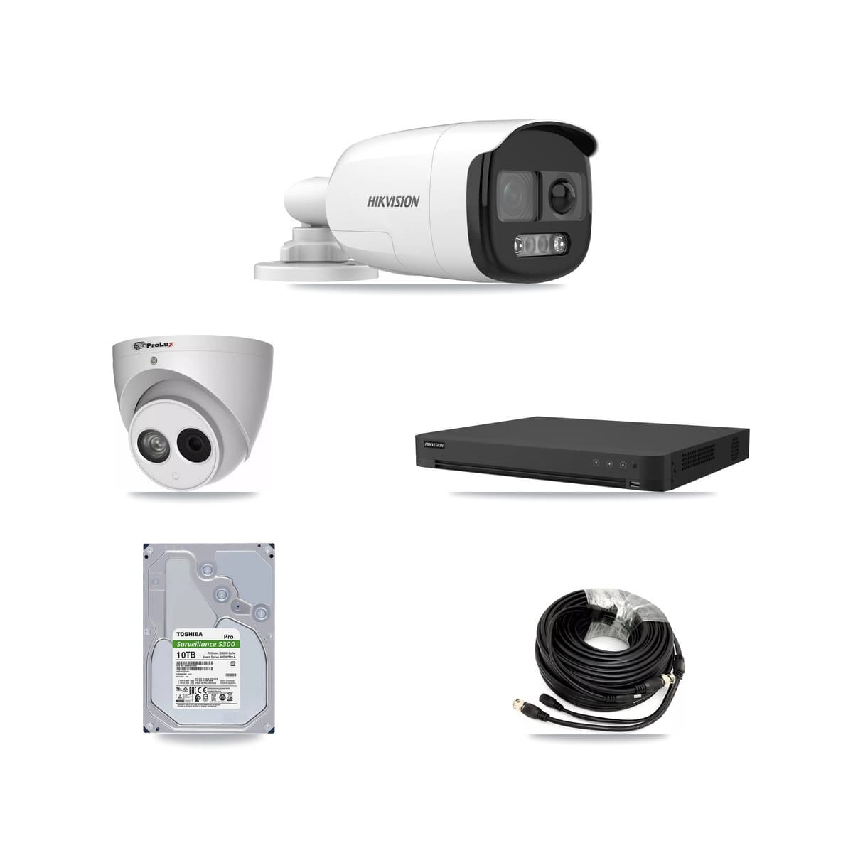 Hikvision & Prolux 16-Channel 4MP – 5MP CCTV Kit — 7 DS-2CE12KF3T 5MP Bullet + 1 PXC-612C4W-A 4MP Turret Cameras + 10TB Recording (IDS-7216HUHI Recorder) - Image 1