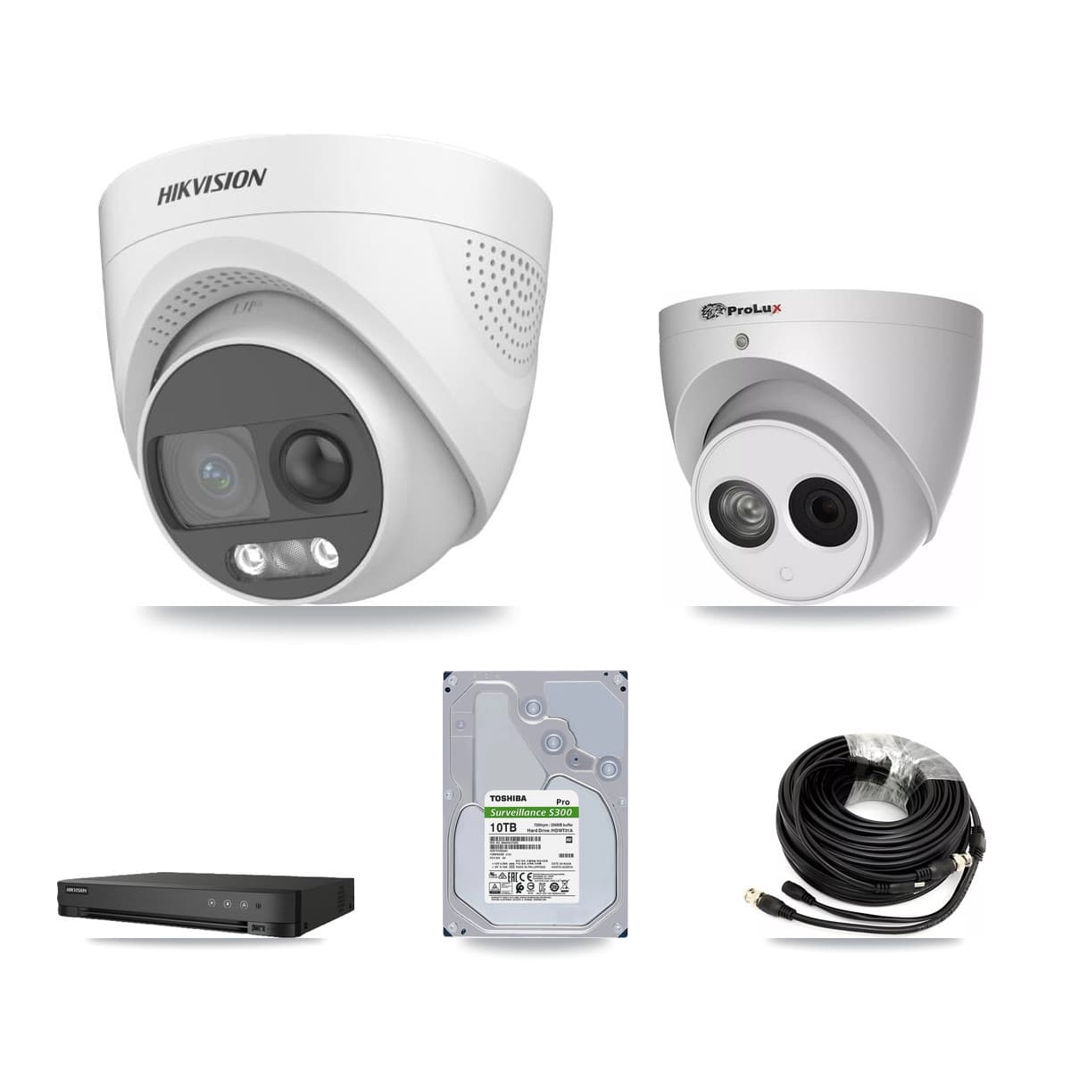 Hikvision & Prolux 8-Channel 4MP – 5MP CCTV Kit — 7 DS-2CE72KF3T 5MP + 1 PXC-612C4W-A 4MP Turret Cameras + 10TB Recording (IDS-7208HQHI Recorder) - Image 1
