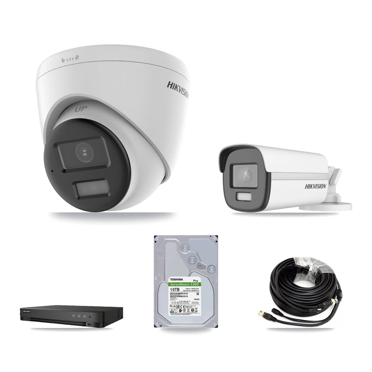 Hikvision 8-Channel 4K CCTV Kit — 1 DS-2CE12UF3T-E Bullet + 3 DS-2CE78U0T-LPTS Turret Cameras + 10TB Recording (IDS-7208HUHI-M1/E Recorder) - Image 1