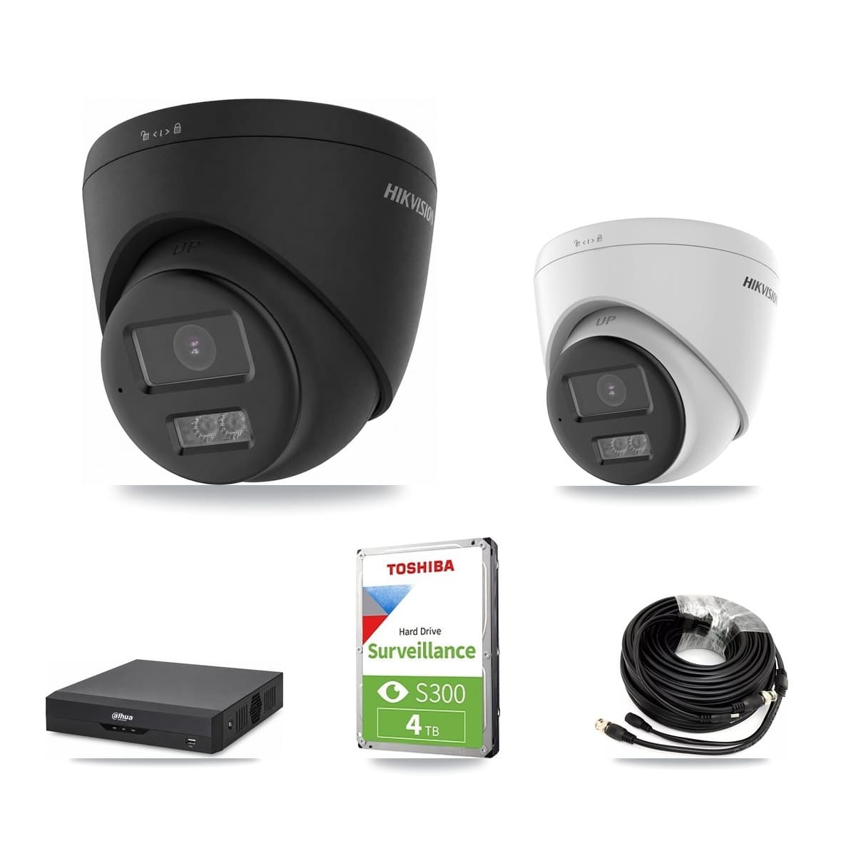 Hikvision & Dahua 4-Channel 5MP – 4K CCTV Kit — 1 DS-2CE78K0T-LTS 5MP + 3 Black DS-2CE78U0T-LTS-BLACK 4K Turret Cameras + 4TB Recording (DH-XVR5104HS-4KL-I2 Recorder) - Image 1
