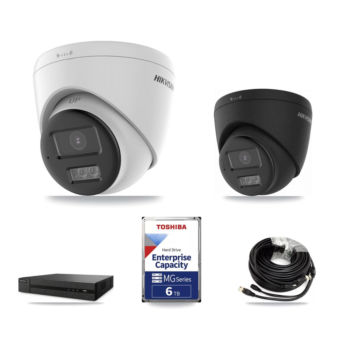 Hikvision 8-Channel 5MP – 4K CCTV Kit — 6 DS-2CE78K0T-LTS 5MP + 1 Black DS-2CE78U0T-LTS-BLACK 4K Turret Cameras + 6TB Recording (DVR-8CH-HYL8MP Recorder) - Image 1